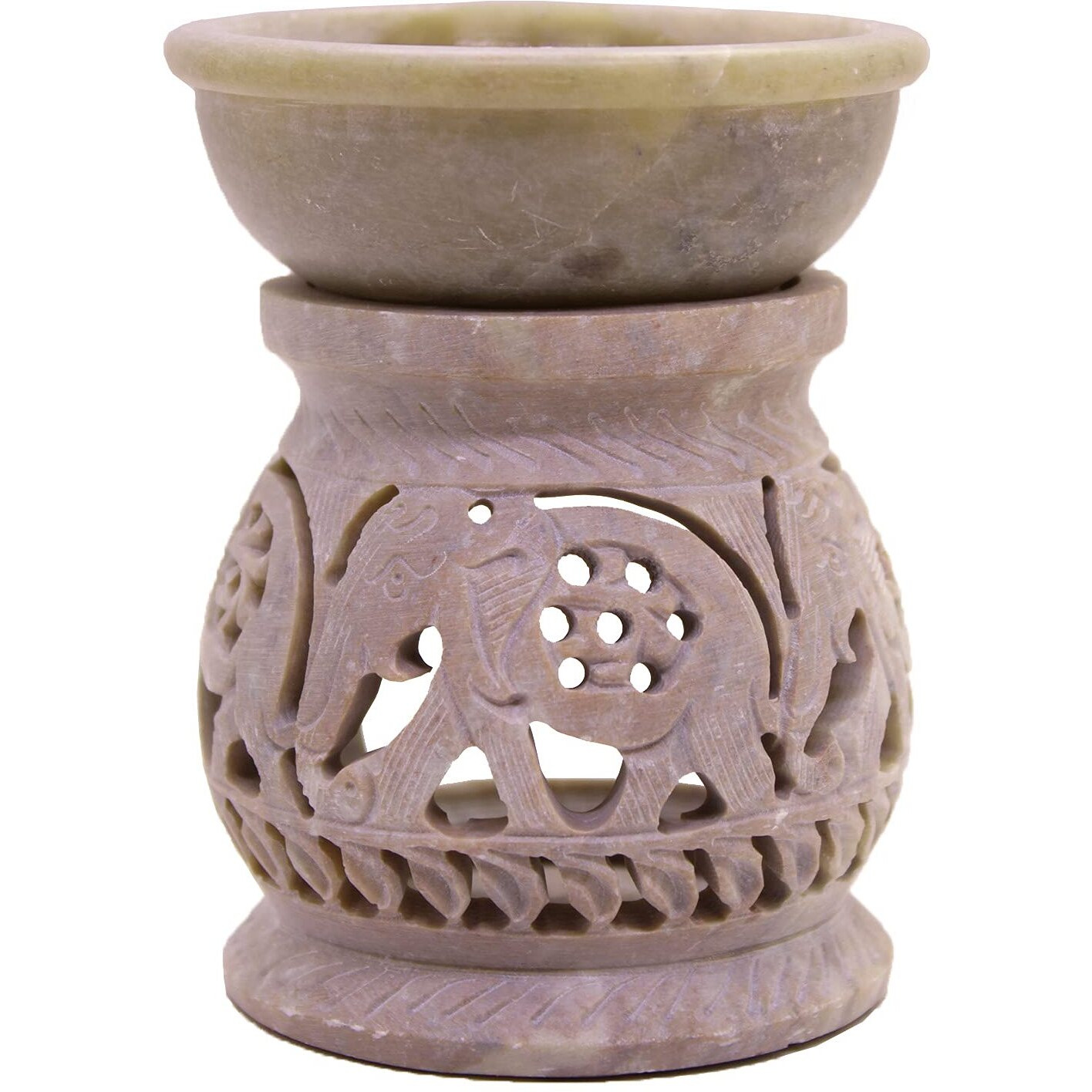 KC KULLICRAFT Handcrafted Soapstone Floral Carving Aroma Burner, Oil Diffuser with 1 Free Tea Light Candle (Elephant 4, Set of 1)