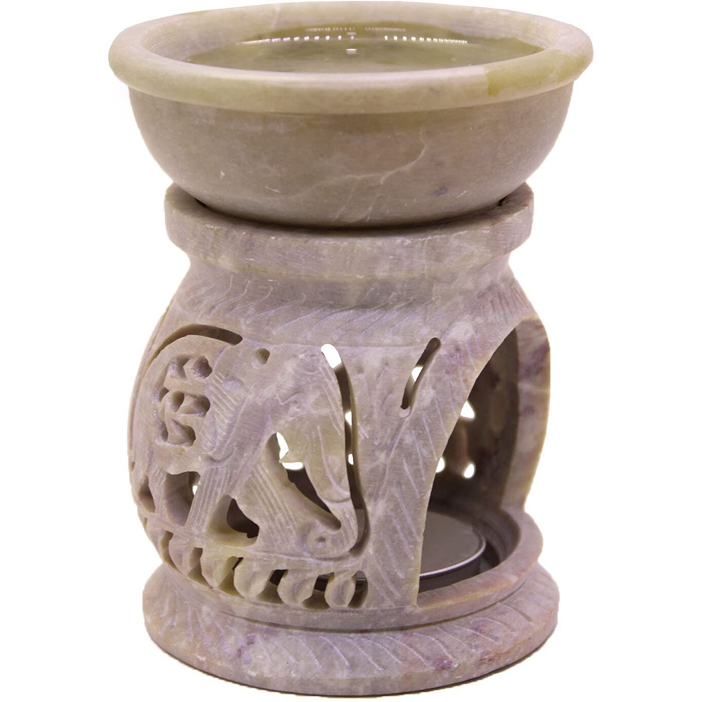 KC KULLICRAFT Handcrafted Soapstone Floral Carving Aroma Burner, Oil Diffuser with 1 Free Tea Light Candle (Elephant 4, Set of 1)