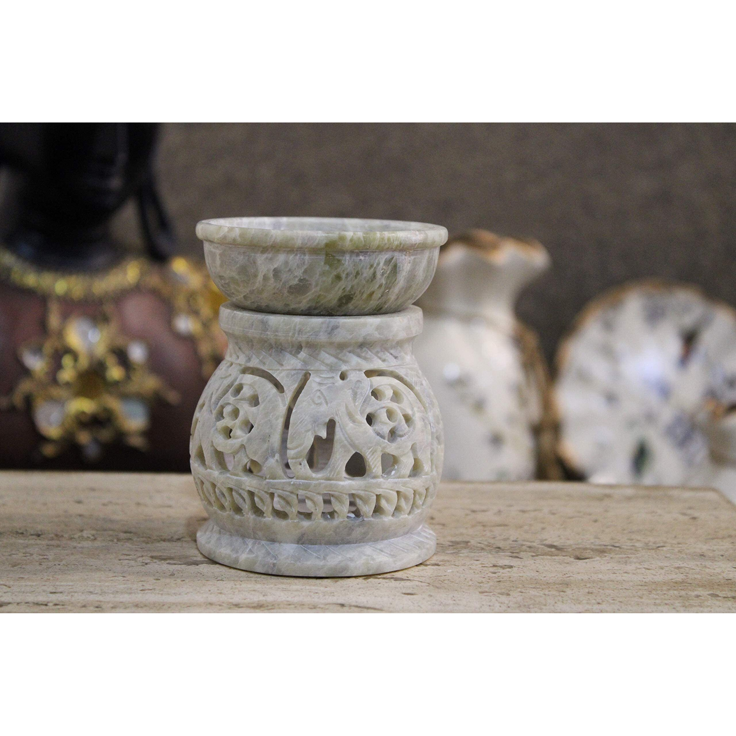 KC KULLICRAFT Handcrafted Soapstone Floral Carving Aroma Burner, Oil Diffuser with 1 Free Tea Light Candle (Elephant 4, Set of 1)