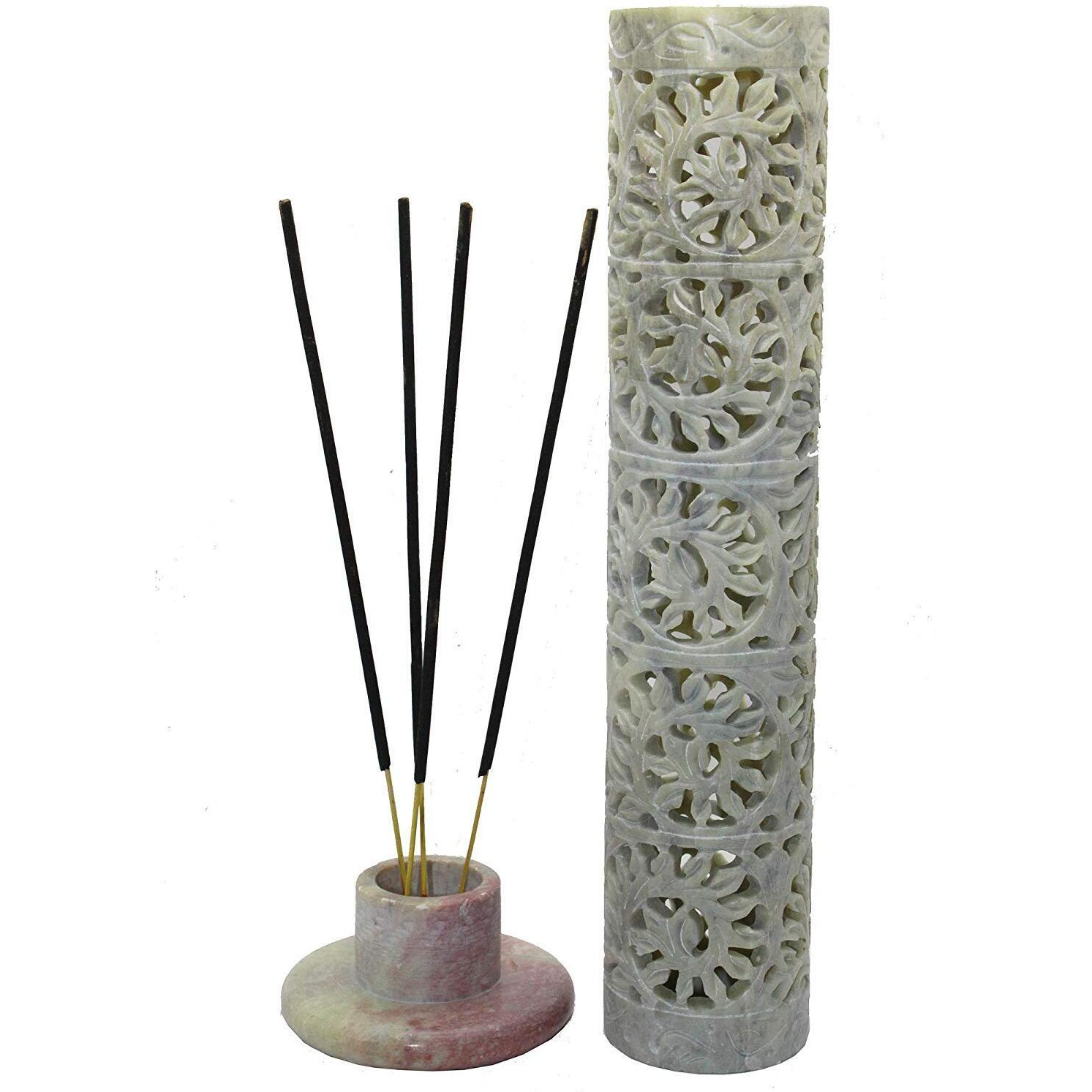 KC KULLICRAFT Handcrafted Soapstone Marble Work Incense Holder Tea Light Candle Holder Diffuser Agarbaati Stands ( 6 Incense Sticks Natural Herbal Fragnance)(Round)