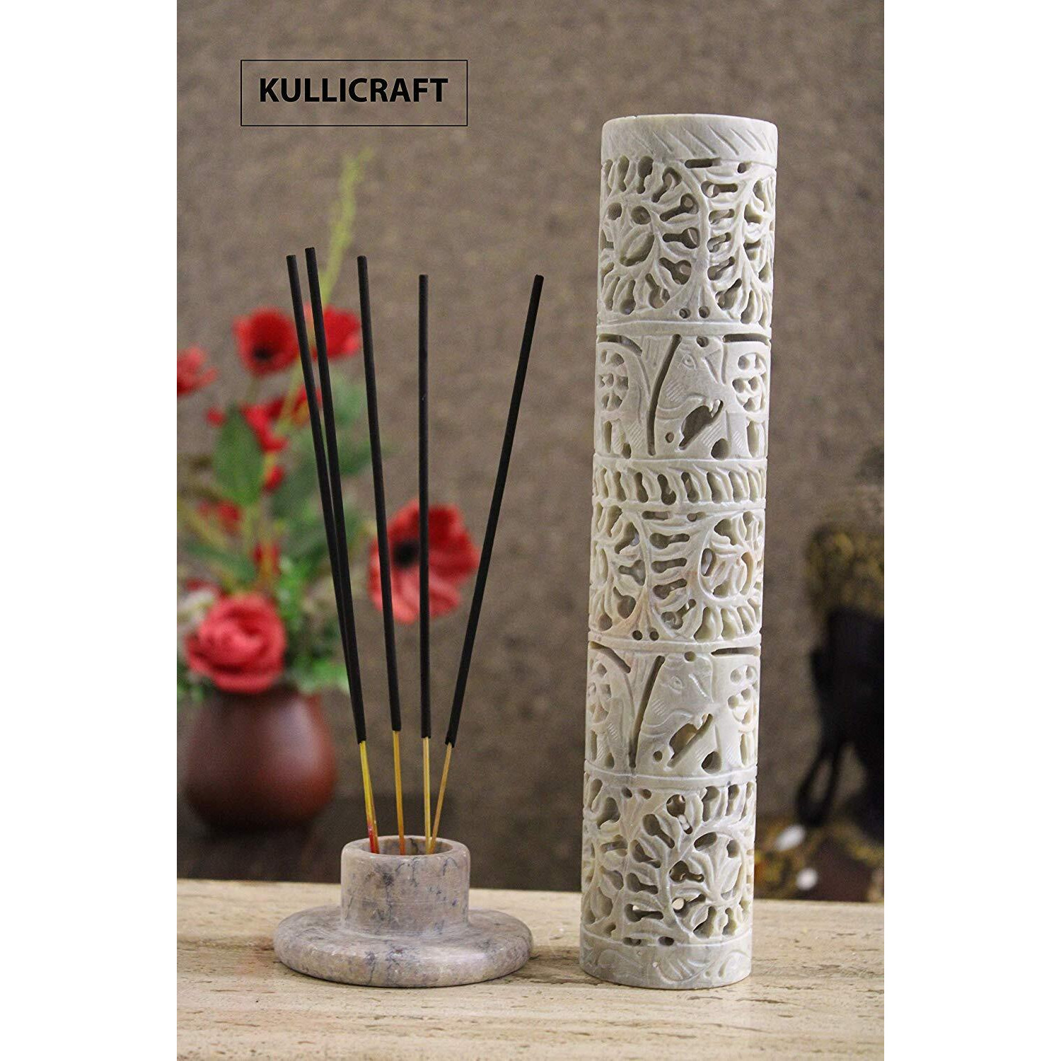 KC KULLICRAFT Handcrafted Soapstone Marble Work Incense Holder Tea light Candle Holder Diffuser Agarbaati Stands (Free 6 Incense Sticks Natural Herbal Fragnance)
