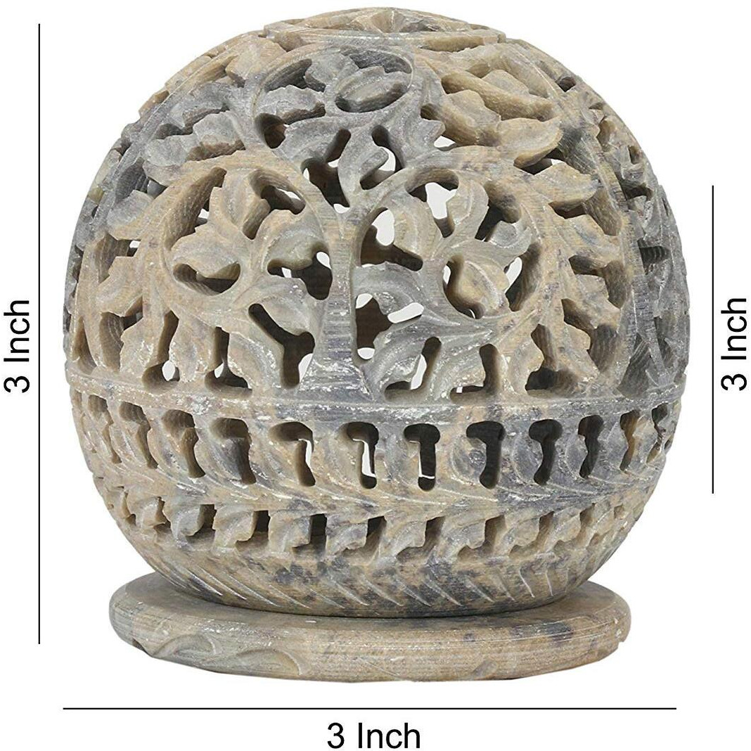 KC KULLICRAFT Soapstone Marble Flower And Elephant Carving Round Tea Light Candle Holder, Pack of 2