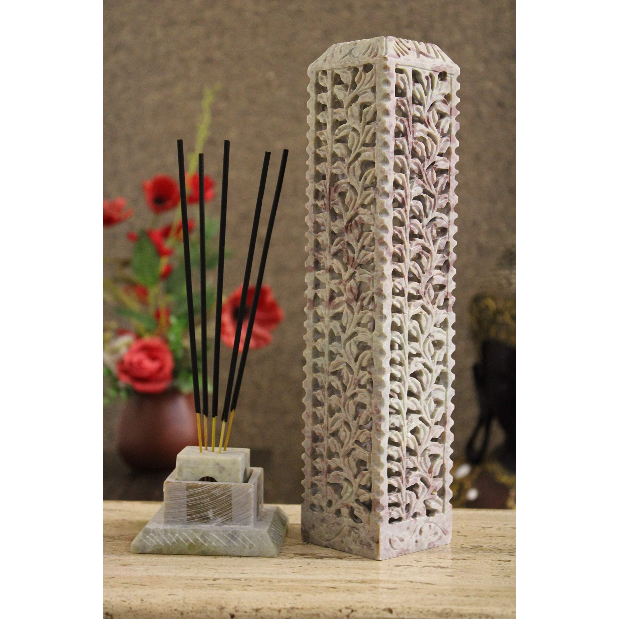 KC KULLICRAFT Handcrafted Soapstone Marble Crafted Work Incense Holder,Pillar Candle Holder,Tea Light Candle Stand, Agarbaati Stand, Diffuser (Free 6 Rose Agarbatti Sticks).