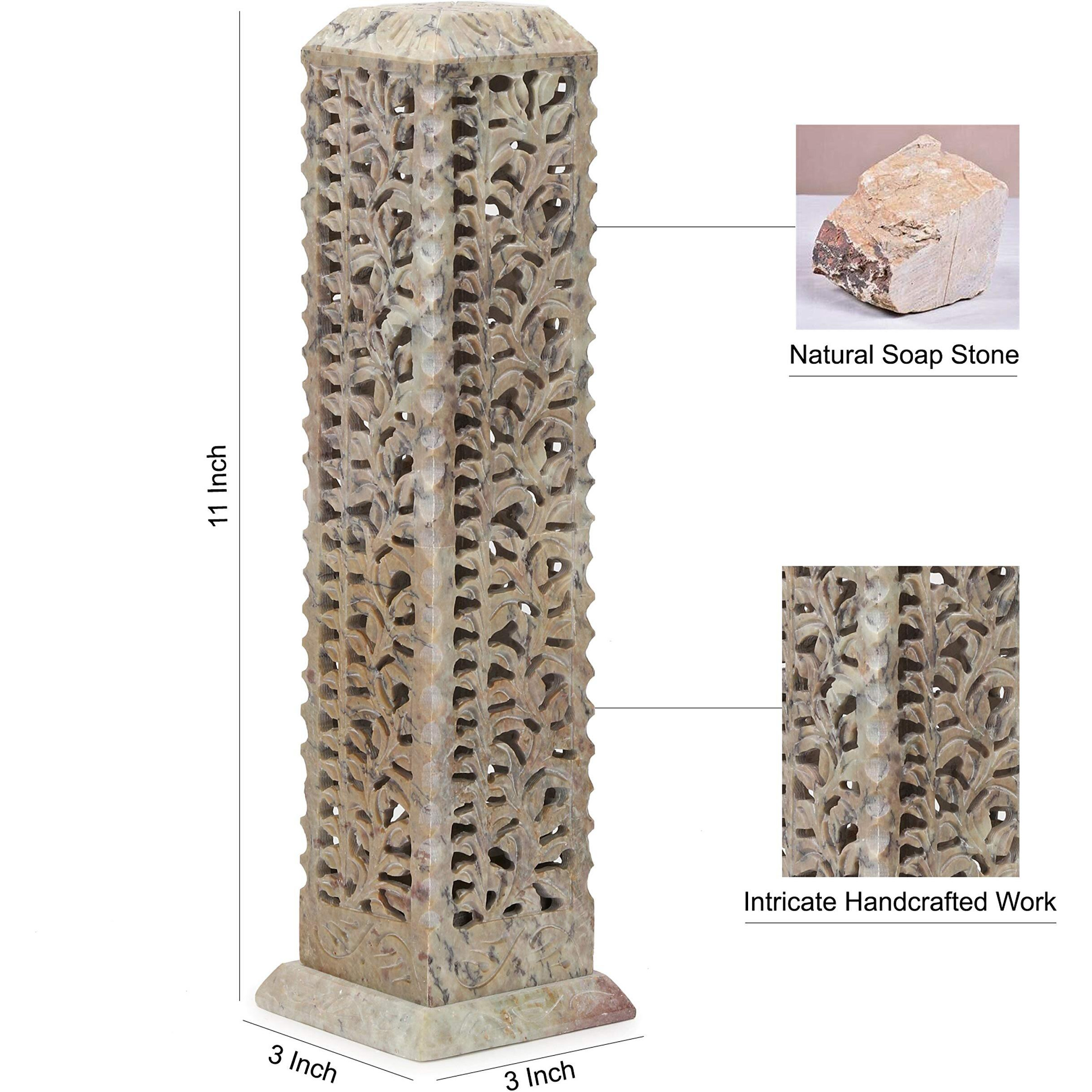 KC KULLICRAFT Handcrafted Soapstone Marble Crafted Work Incense Holder,Pillar Candle Holder,Tea Light Candle Stand, Agarbaati Stand, Diffuser (Free 6 Rose Agarbatti Sticks).