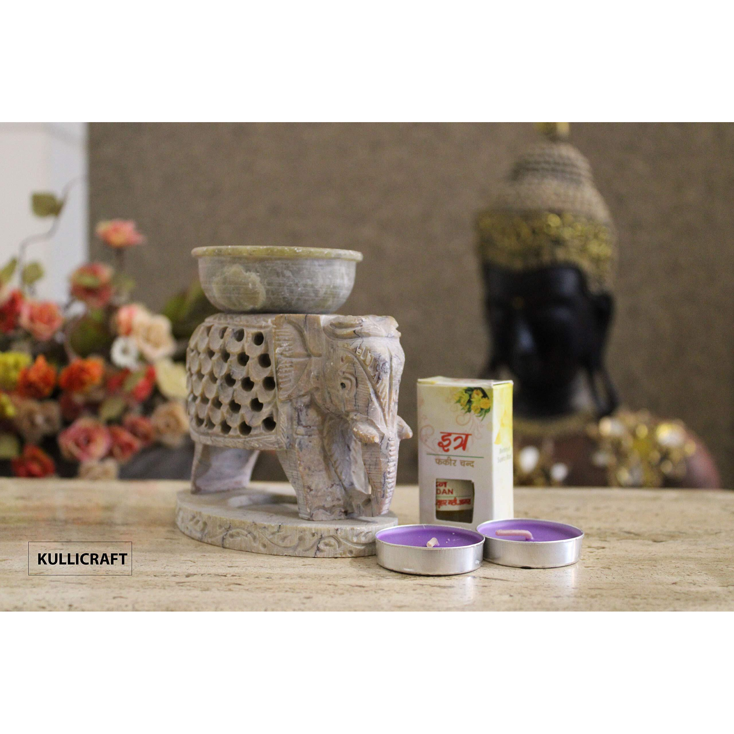 KC Kullicraft Soapstone Elephant Handcrafted Aroma Oil Diffuser Burner Stands with 2 Tea Light Candle and 2.5 ml Mogra Oil