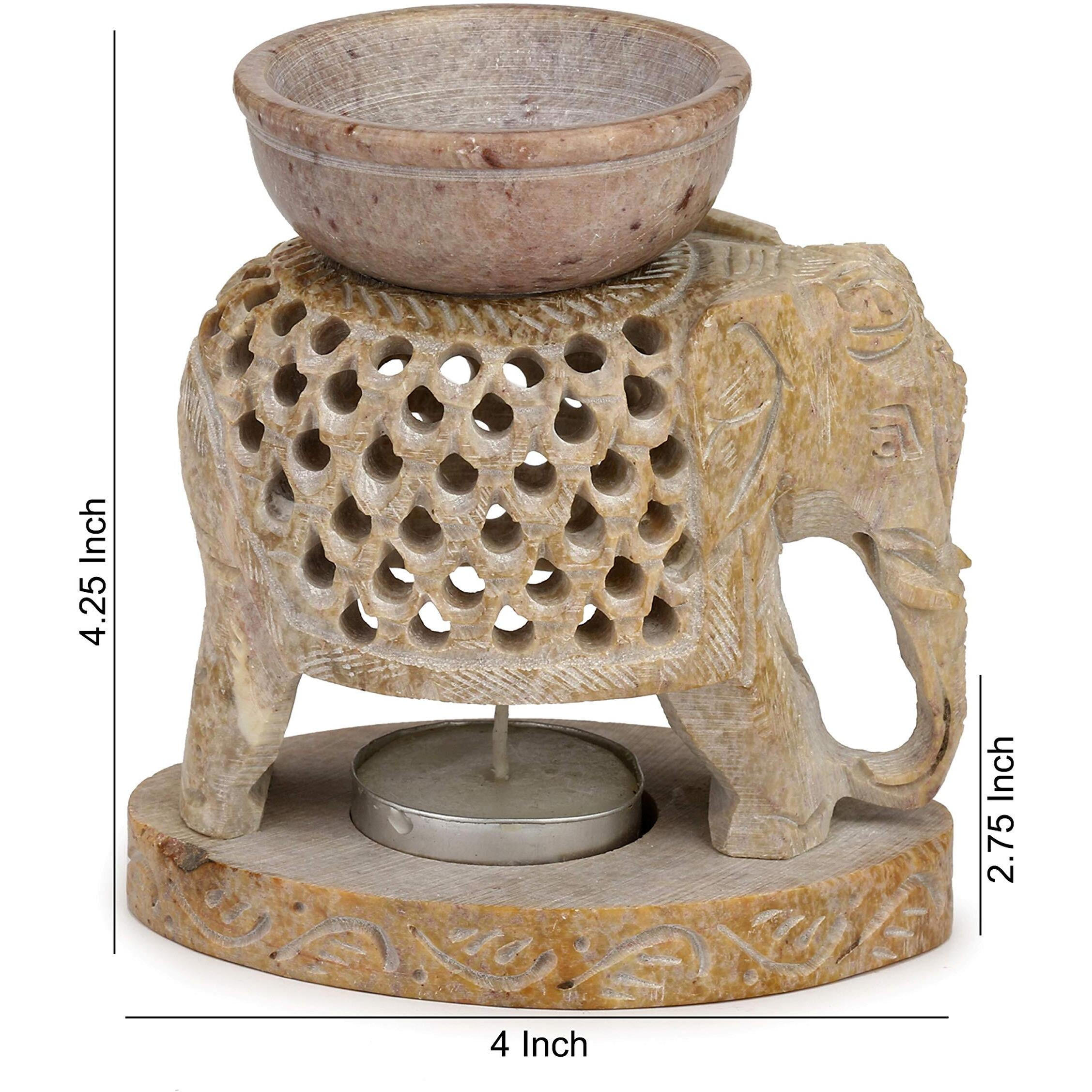 KC Kullicraft Soapstone Elephant Handcrafted Aroma Oil Diffuser Burner Stands with 2 Tea Light Candle and 2.5 ml Mogra Oil