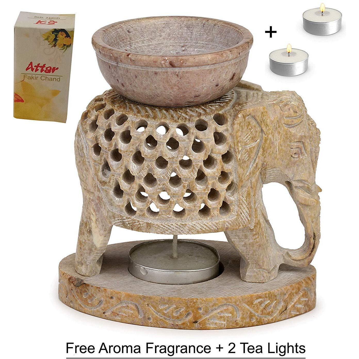 KC Kullicraft Soapstone Elephant Handcrafted Aroma Oil Diffuser Burner Stands with 2 Tea Light Candle and 2.5 ml Mogra Oil