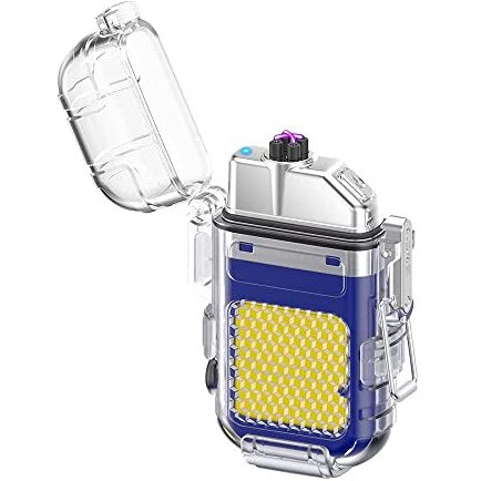 Crasts Electric Lighter Outdoor IP56 Waterproof Double arc Lighter Type-C Rechargeable Transparent Body Lighter COB Portable Light with Removable Back Clip Nylon Lanyard Candle Camping (Blue)