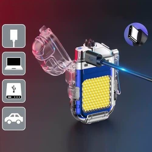 Crasts Electric Lighter Outdoor IP56 Waterproof Double arc Lighter Type-C Rechargeable Transparent Body Lighter COB Portable Light with Removable Back Clip Nylon Lanyard Candle Camping (Blue)