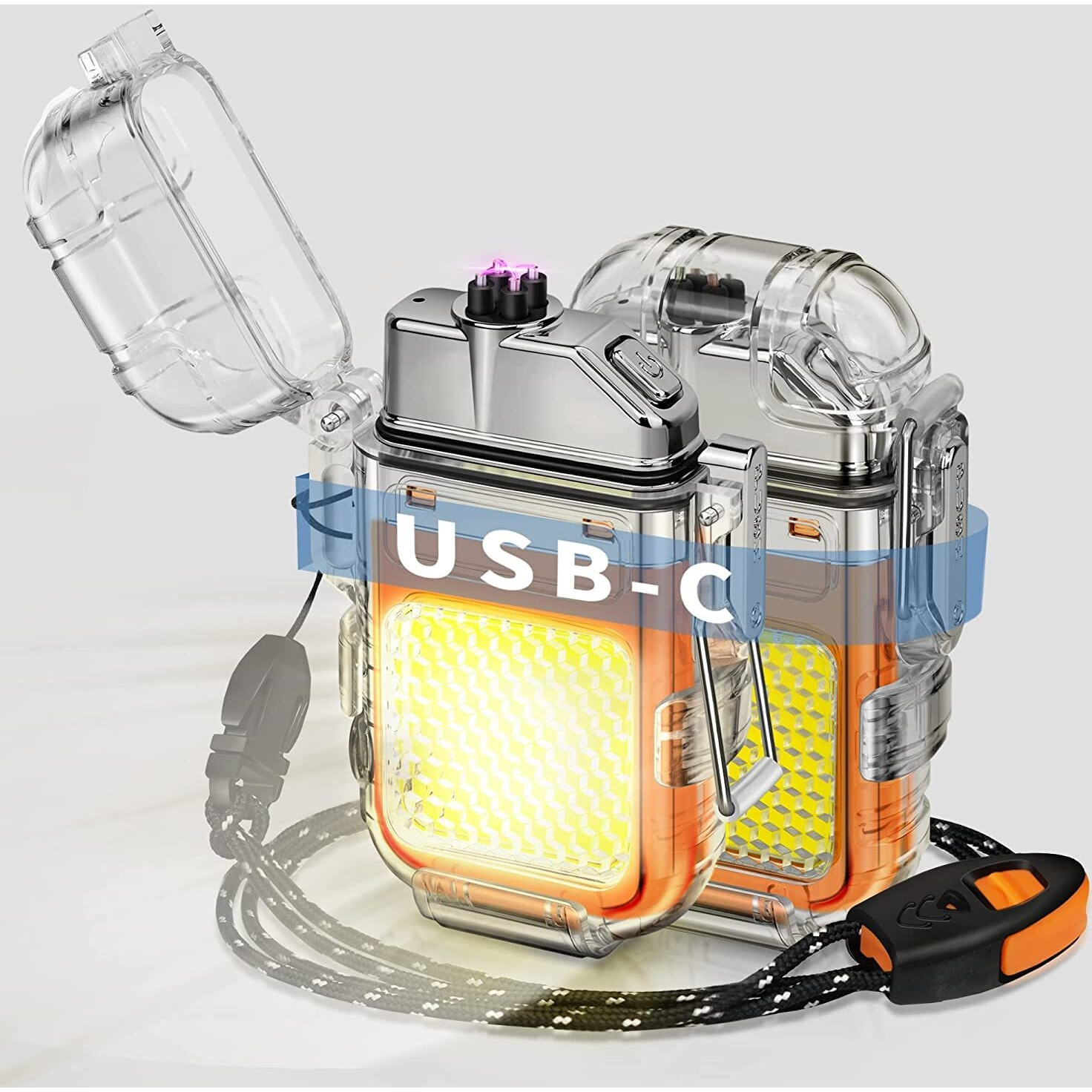 Crasts Electric Lighter Outdoor IP56 Waterproof Double arc Lighter Type-C Rechargeable Transparent Body Lighter COB Portable Light with Removable Back Clip Nylon Lanyard Candle Camping (Orange)