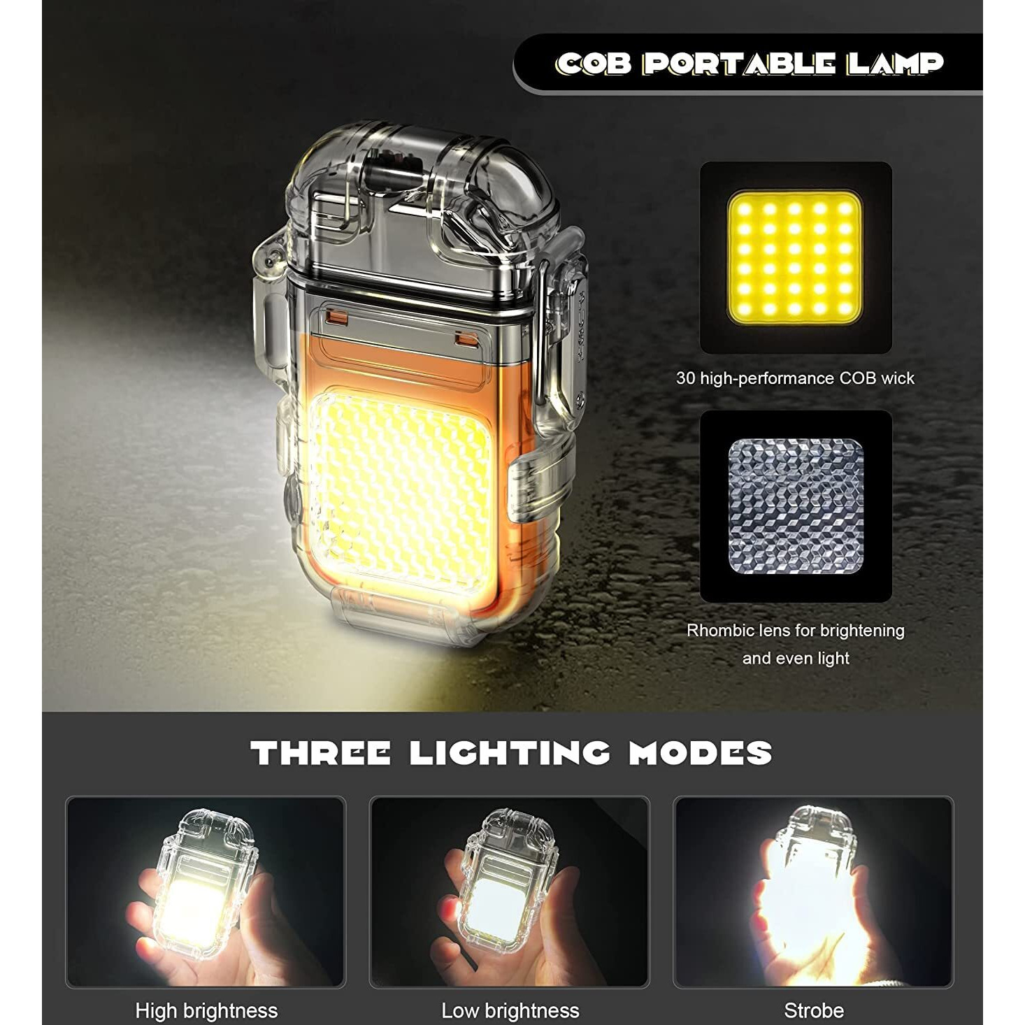 Crasts Electric Lighter Outdoor IP56 Waterproof Double arc Lighter Type-C Rechargeable Transparent Body Lighter COB Portable Light with Removable Back Clip Nylon Lanyard Candle Camping (Orange)