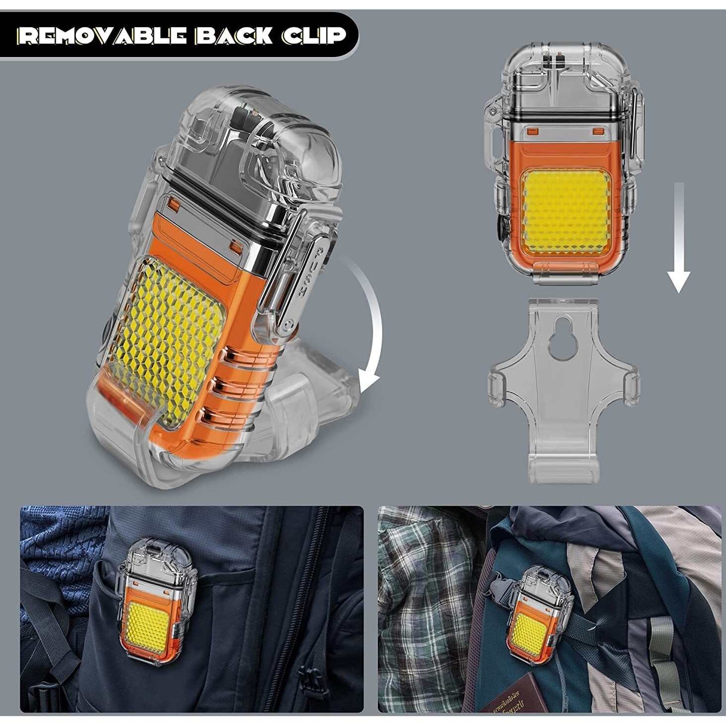 Crasts Electric Lighter Outdoor IP56 Waterproof Double arc Lighter Type-C Rechargeable Transparent Body Lighter COB Portable Light with Removable Back Clip Nylon Lanyard Candle Camping (Orange)