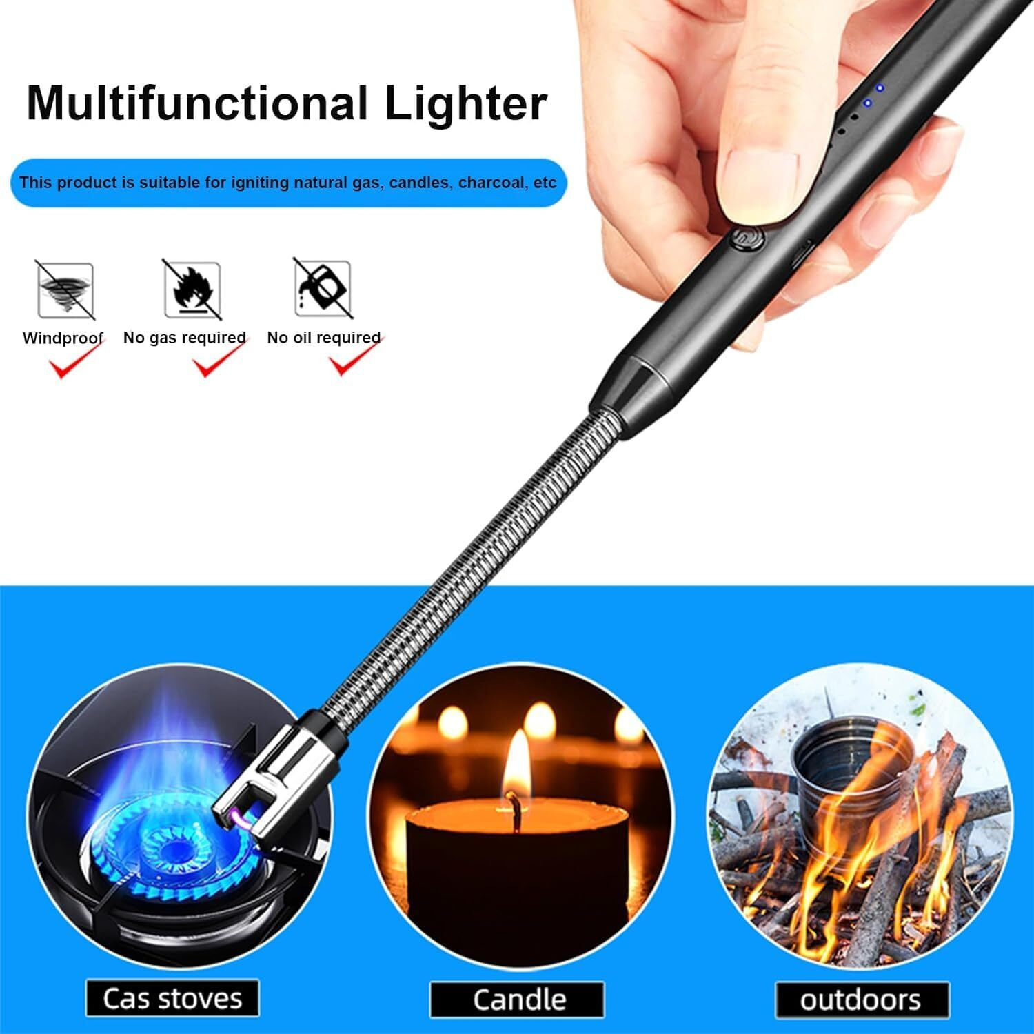 Spellwish Gas Lighter, Candle Lighter,Arc Lighter with USB Charging, Flameless Windproof, LED Battery Display, Safety Switch, Rotate 360 Degrees for Aromatherapy, Candles, BBQ, Camping (Pack of 1)