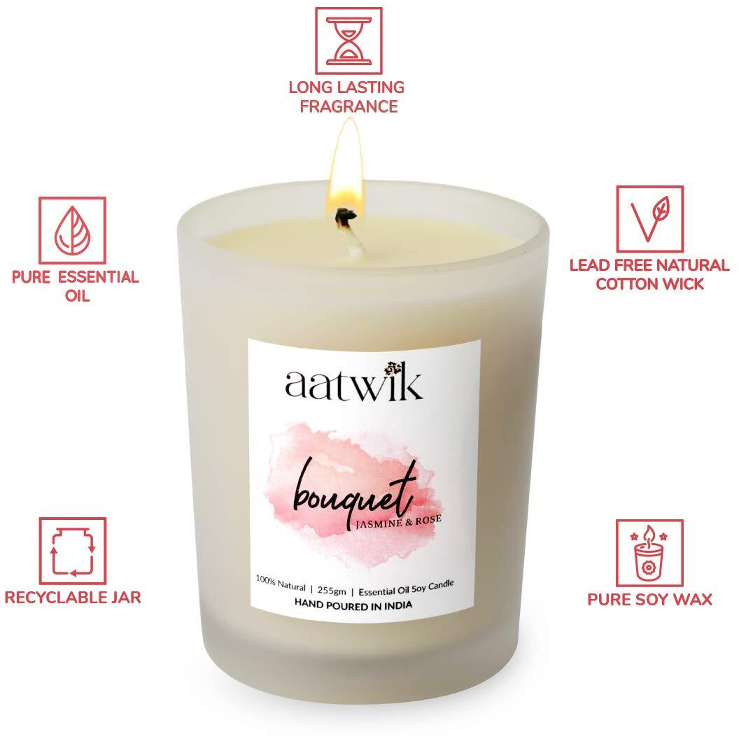 Aatwik Bouquet Aroma Soy Candle Wax with Upto 50 Hr Burn Time with Rose and Jasmine Fragrance Jar Candle 255 gm