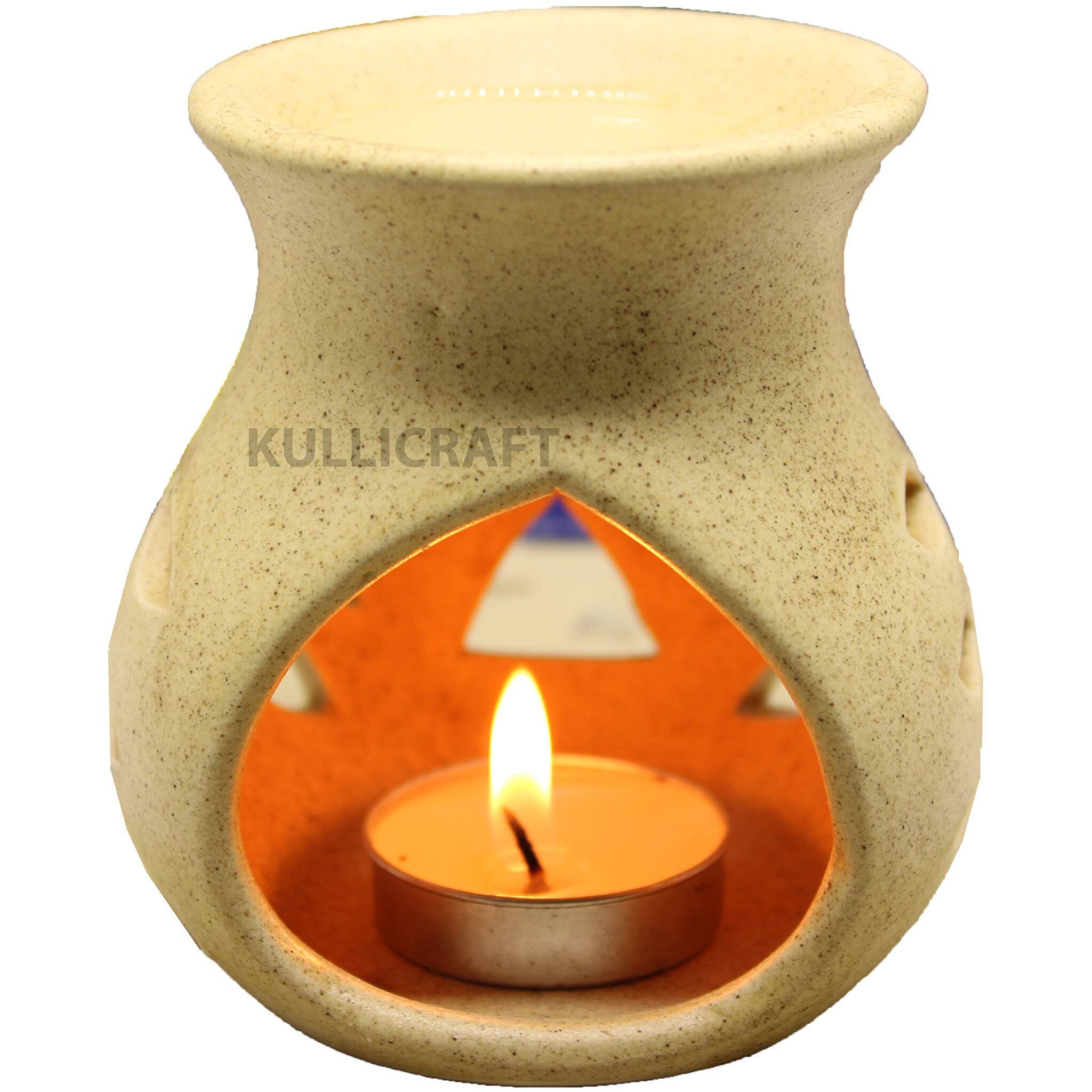KC Kullicraft Beige Ceramic Aroma Diffuser Oil Burner Clay Lamp Wax Warmer Tea Light Holder for Home Dcor (Free 1 Candle Tea Light) - Pack of 1