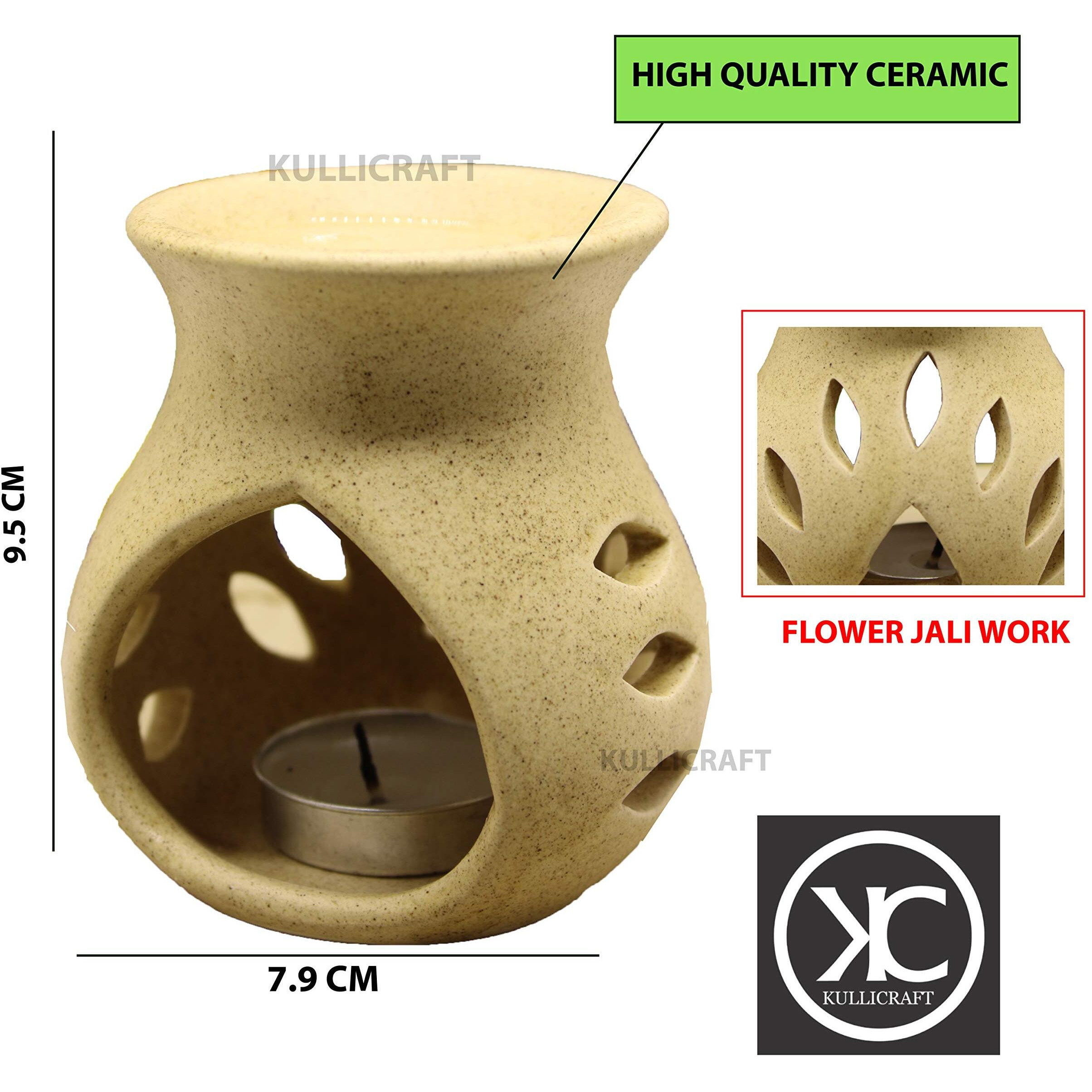KC Kullicraft Beige Ceramic Aroma Diffuser Oil Burner Clay Lamp Wax Warmer Tea Light Holder for Home Dcor (Free 1 Candle Tea Light) - Pack of 1