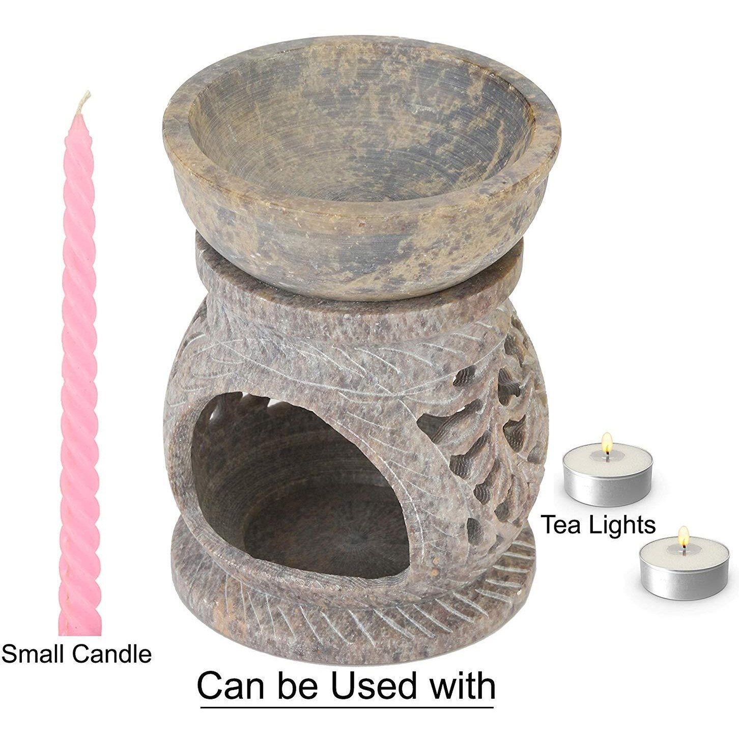 KULLICRAFT Flower Handcrafted Soapstone Aroma Oil Diffuse Burner with 2 Tea Candle and 10 ml (Sandal Wood)