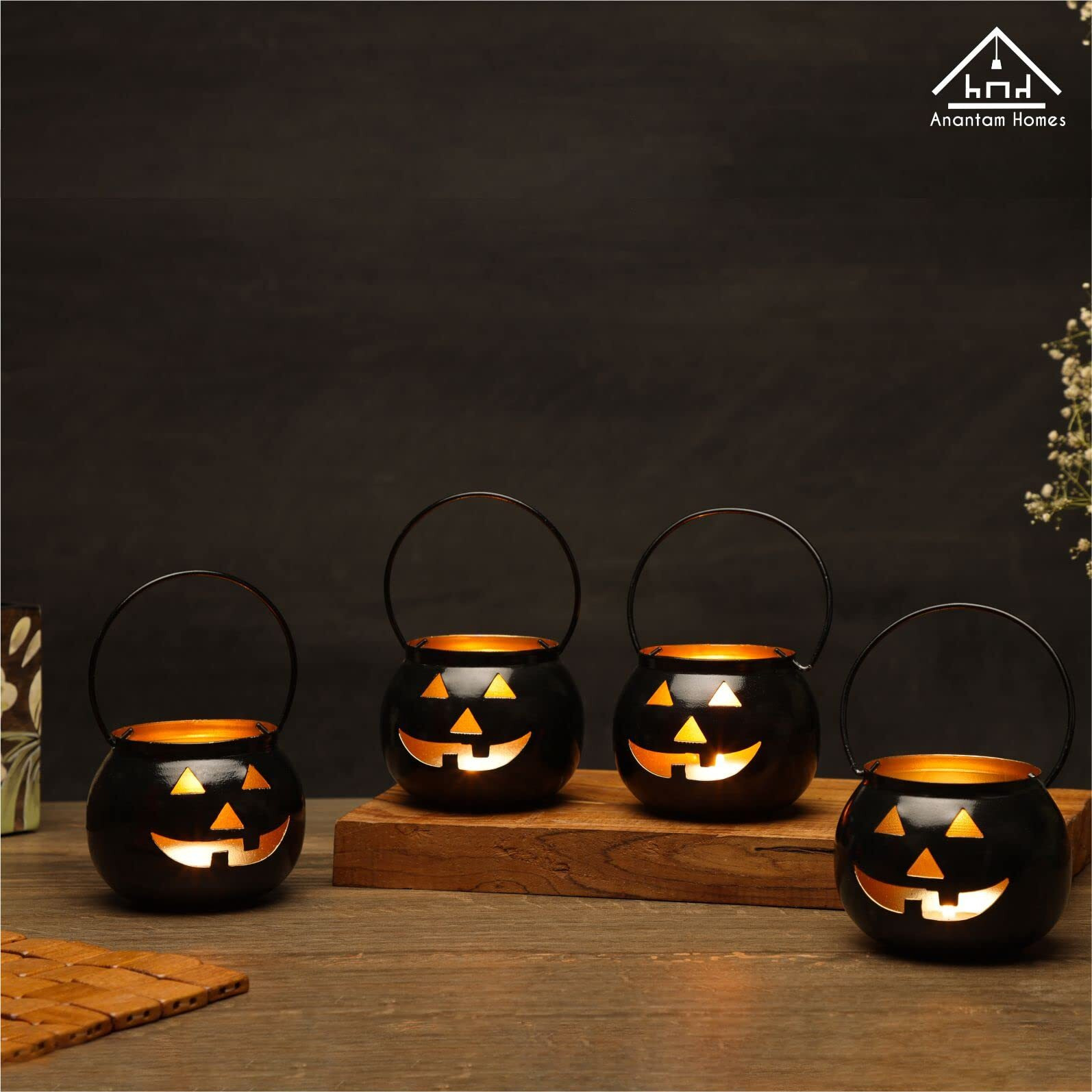 Anantam Homes Halloween Face Votive Candle Holder Stand Antique Hanging Tealight Lantern for Home Decorations, Farmhouse, Camping, Birthday Parties, Christmas Centerpiece,Indoor, Black (Set of 4)