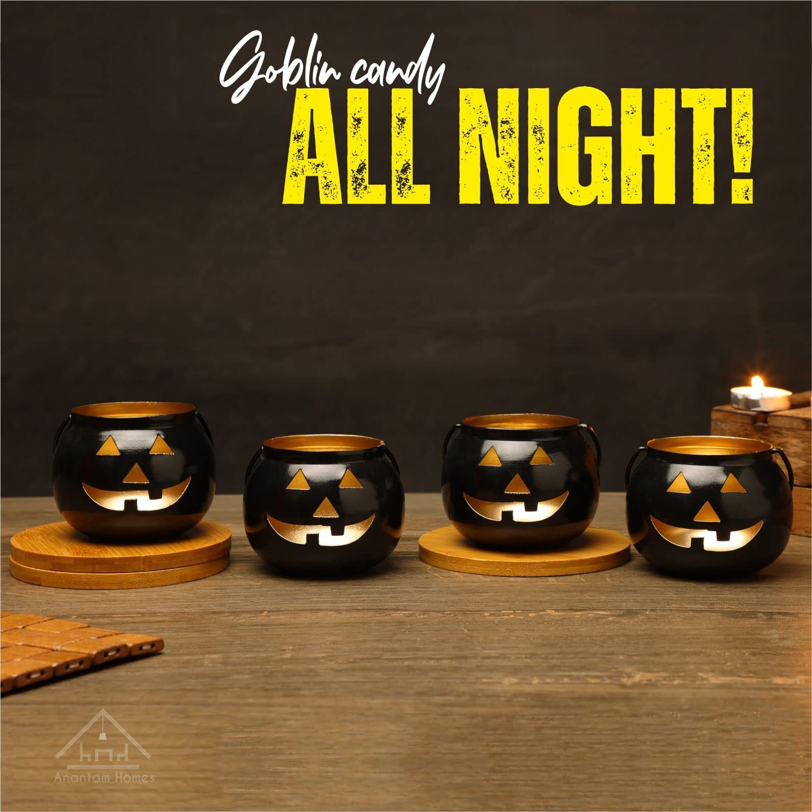 Anantam Homes Halloween Face Votive Candle Holder Stand Antique Hanging Tealight Lantern for Home Decorations, Farmhouse, Camping, Birthday Parties, Christmas Centerpiece,Indoor, Black (Set of 4)