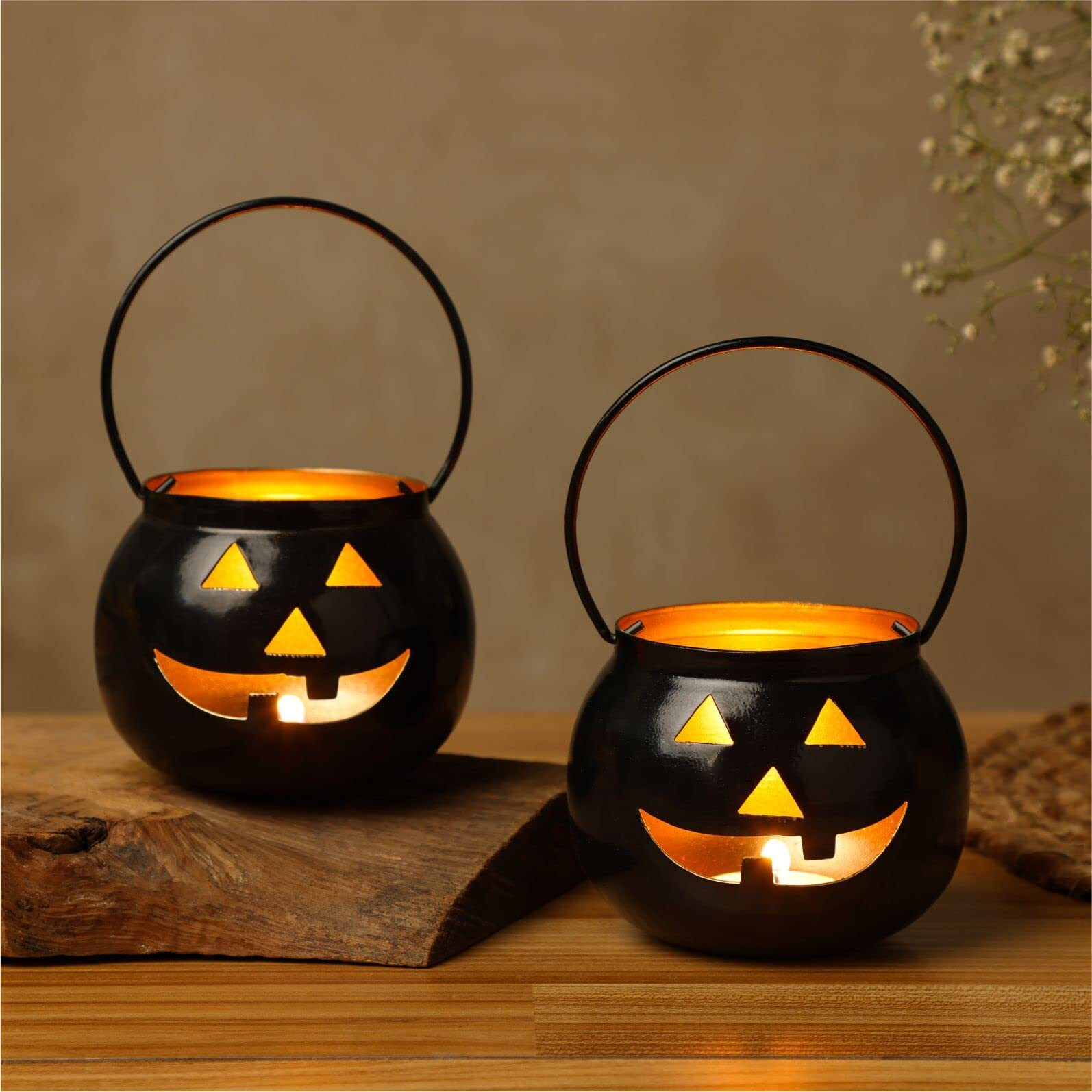 Dudki Halloween Face Votive Candle Holder Stand Antique Hanging Tealight Lantern for Home Decorations, Birthday Parties, Christmas Indoor, Outdoor Dcor, Black (Black)