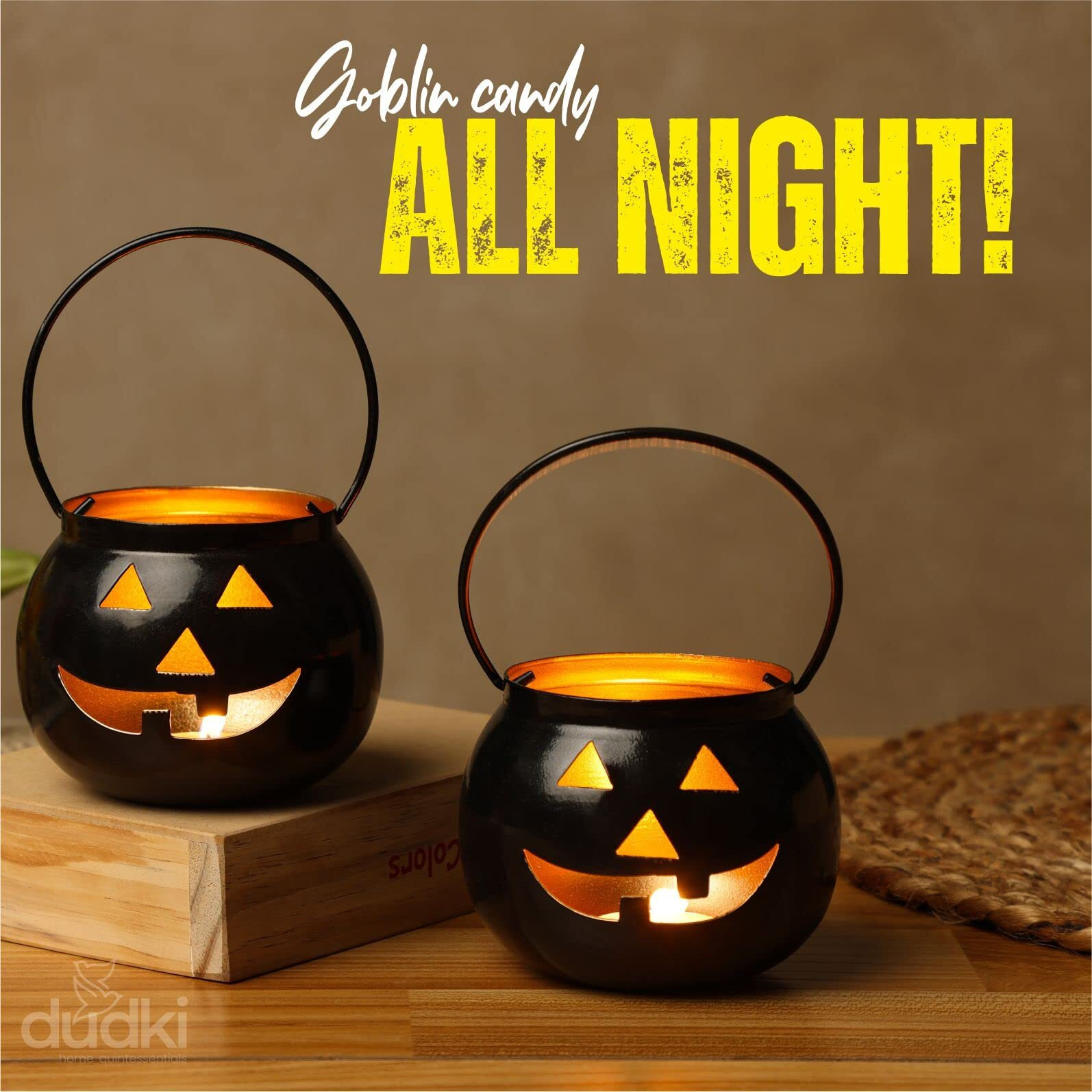 Dudki Halloween Face Votive Candle Holder Stand Antique Hanging Tealight Lantern for Home Decorations, Birthday Parties, Christmas Indoor, Outdoor Dcor, Black (Black)