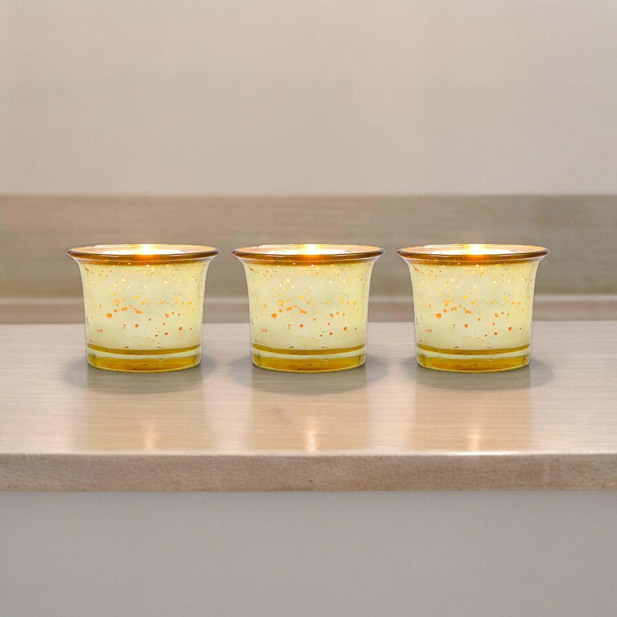 HOSLEY Metallic Gold Glass Tealight Candle Holders| Tealight Candle Holders with Glass Holders Perfect for Home Decor Tabletop Centerpiece| Pack of 3 with Pack of 6 Tealights
