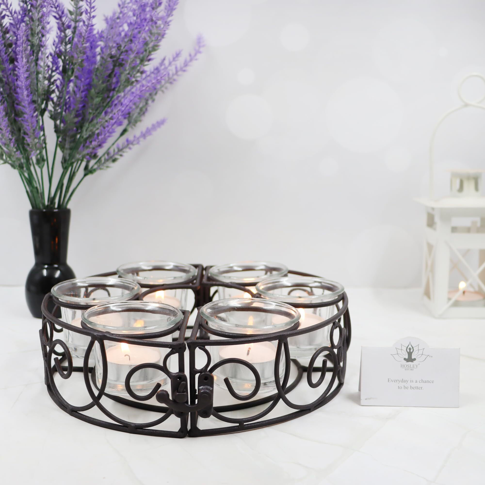 HOSLEY Metal Clear Glass Tealight Candle Holder| Tealight Candle Holder with Glass Holder Perfect for Home Decor Wedding Parties Tabletop| 6-Cup Centerpiece with Pack of 6 Tealights (Black)
