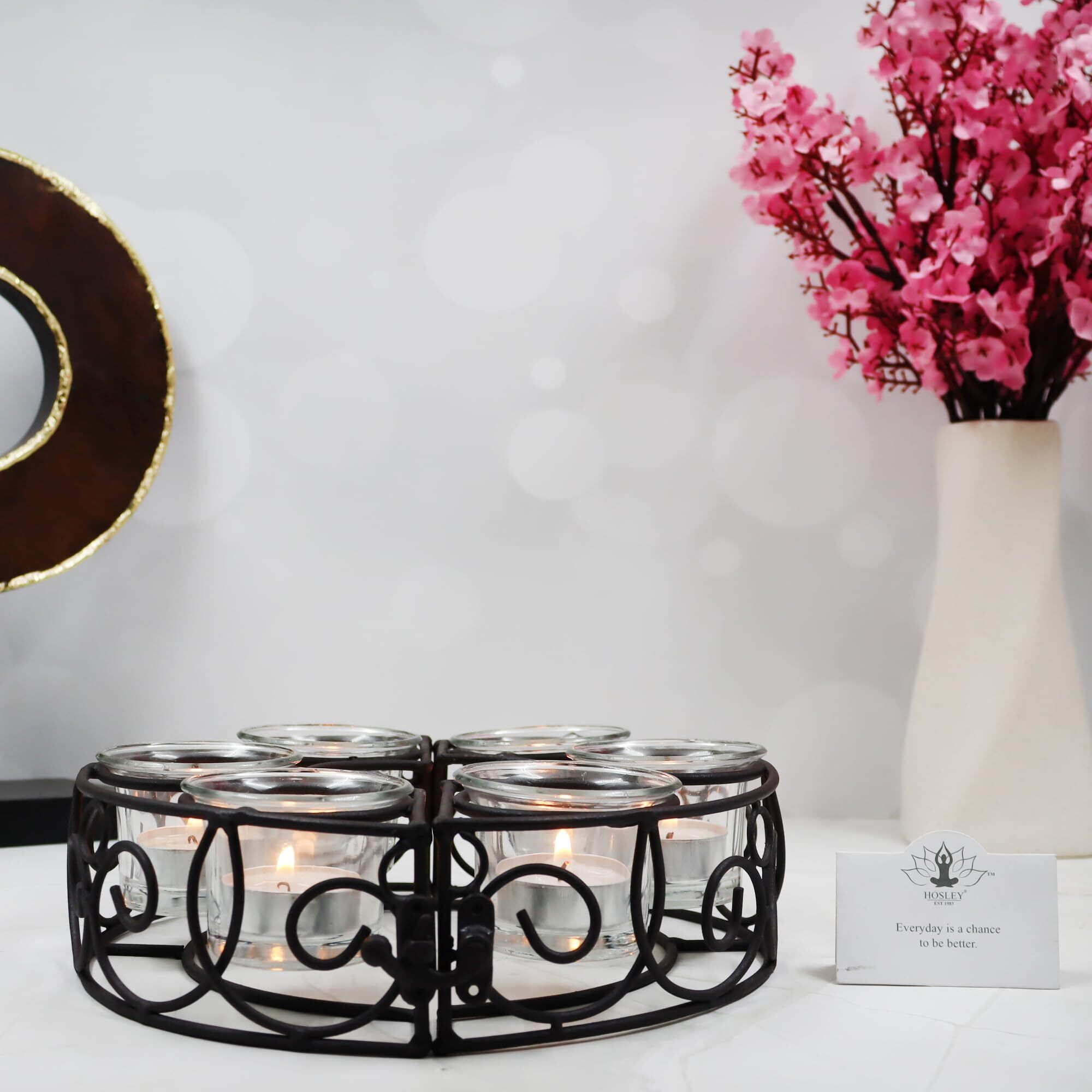HOSLEY Metal Clear Glass Tealight Candle Holder| Tealight Candle Holder with Glass Holder Perfect for Home Decor Wedding Parties Tabletop| 6-Cup Centerpiece with Pack of 6 Tealights (Black)