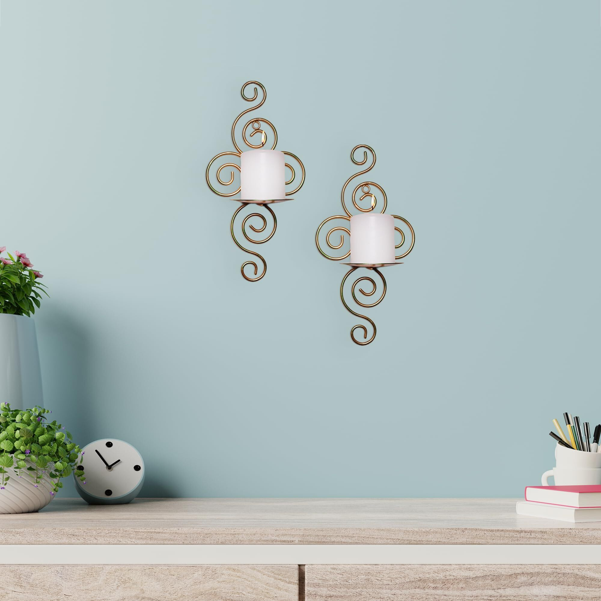 HOSLEY Metal Wall Sconce Pillar Candle Holder| Wall Hanging Candle Holder with Two Free Pillar Candles| Perfect for Home Decor Bed Room Living Room Dining Room Bathroom| Pack of 2 (Gold)