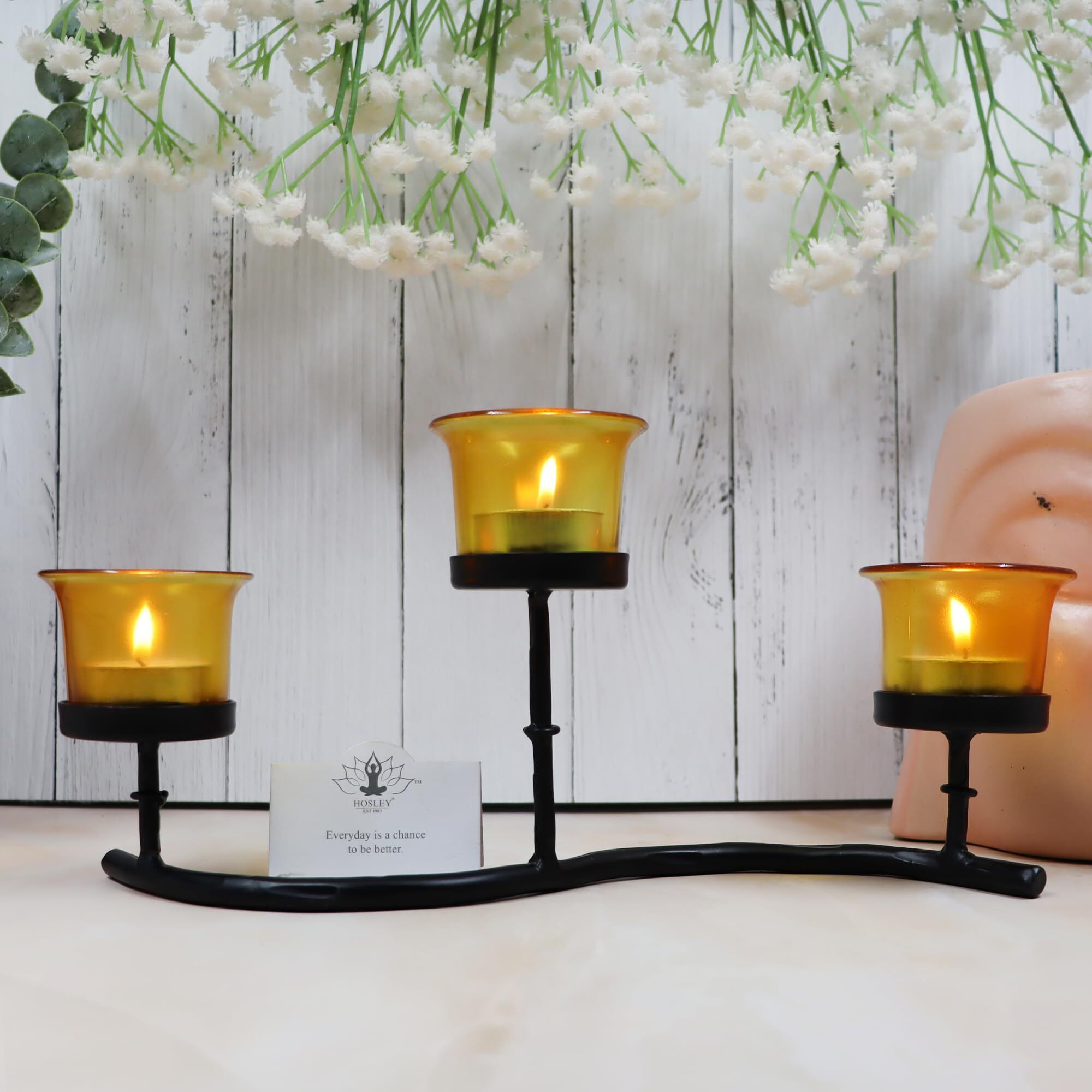 HOSLEY Metal Colored Glass Tea Light Candle Holder|Decorations Items for Home Table Decor Gifts (Glass) Wedding Parties Tabletop| 3-Cup Centerpiece with Pack of 3 Tealights (Black)