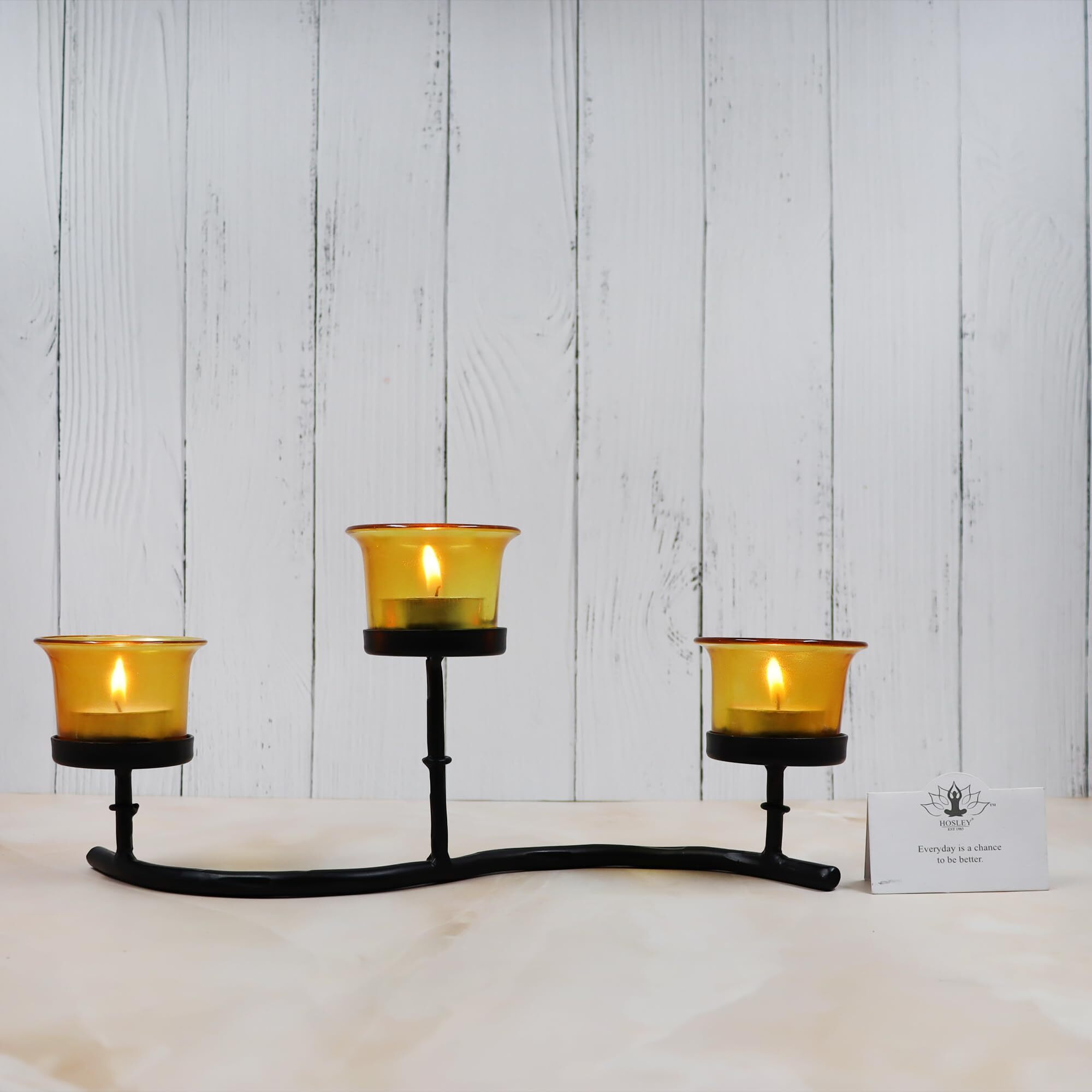 HOSLEY Metal Colored Glass Tea Light Candle Holder|Decorations Items for Home Table Decor Gifts (Glass) Wedding Parties Tabletop| 3-Cup Centerpiece with Pack of 3 Tealights (Black)