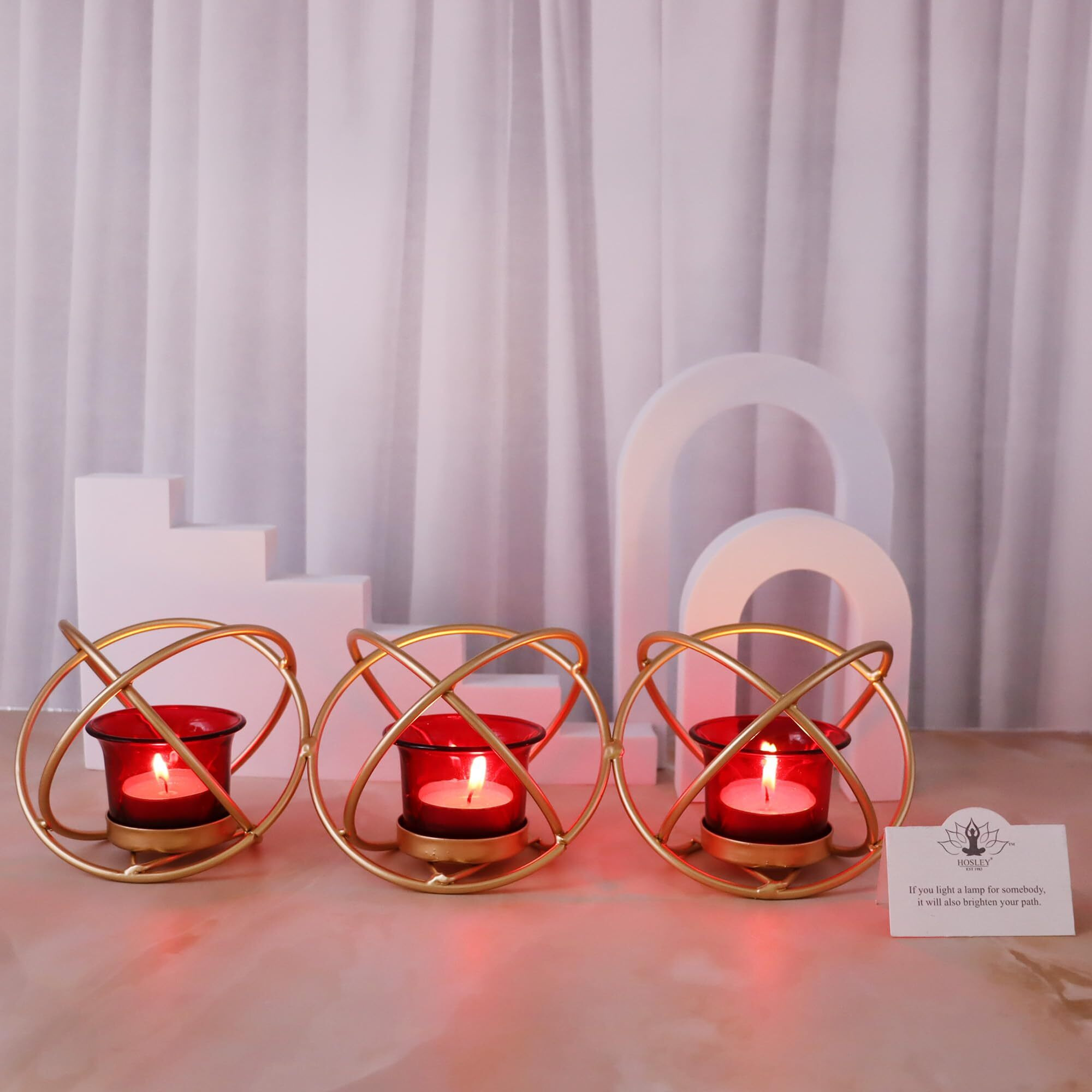 HOSLEY Metal Red Glass Tealight Candle Holder| Tealight Candle Holder with Glass Holder Perfect for Home Decor Wedding Parties Tabletop| 3-Cup Centerpiece with Pack of 3 Tealights (Gold)