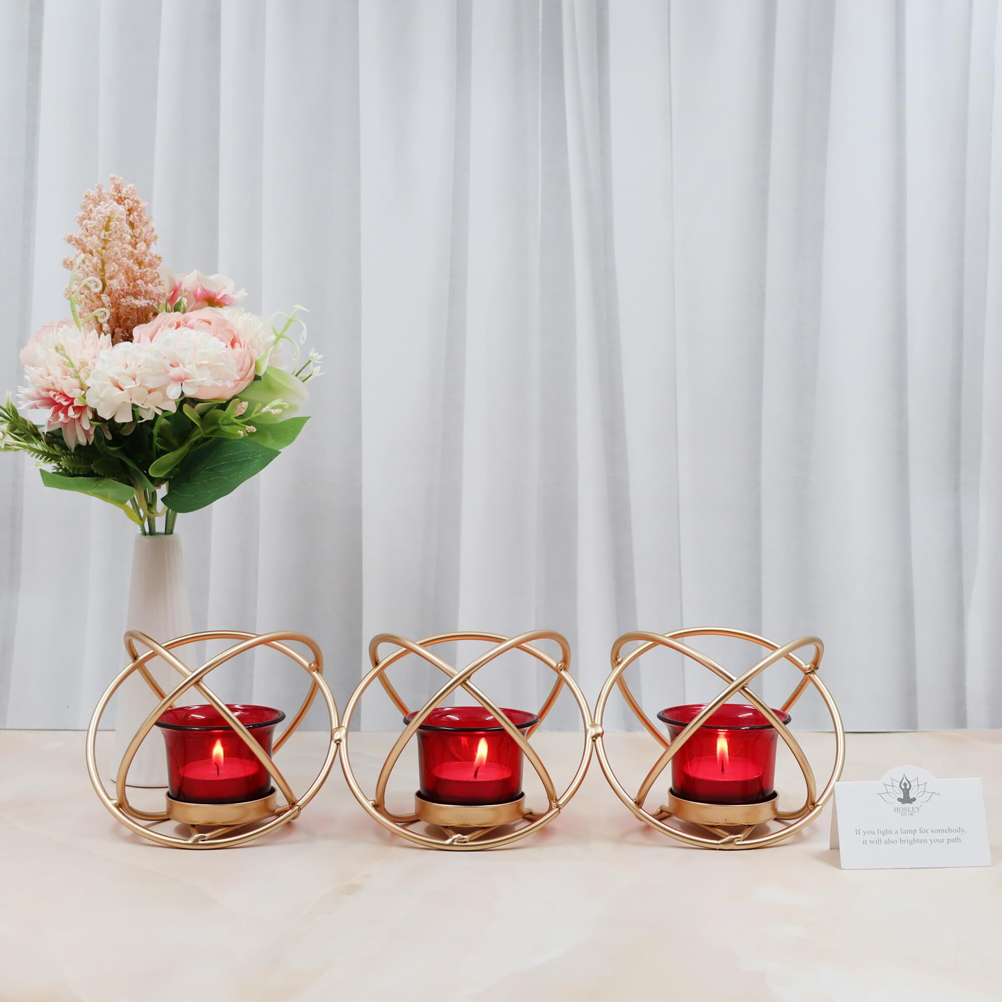 HOSLEY Metal Red Glass Tealight Candle Holder| Tealight Candle Holder with Glass Holder Perfect for Home Decor Wedding Parties Tabletop| 3-Cup Centerpiece with Pack of 3 Tealights (Gold)