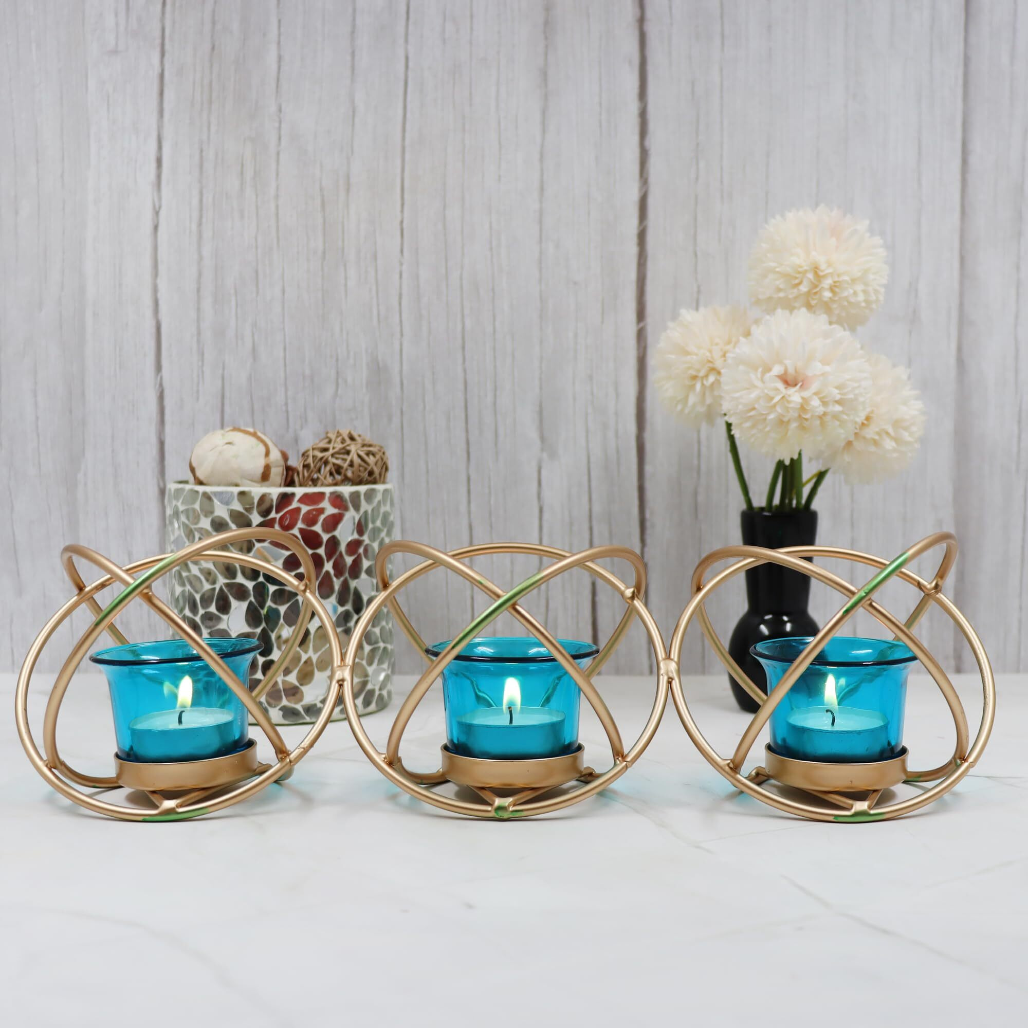 HOSLEY Metal Blue Glass Tealight Candle Holder| Tealight Candle Holder with Glass Holder Perfect for Home Decor Wedding Parties Tabletop| 3-Cup Centerpiece with Pack of 3 Tealights (Gold)