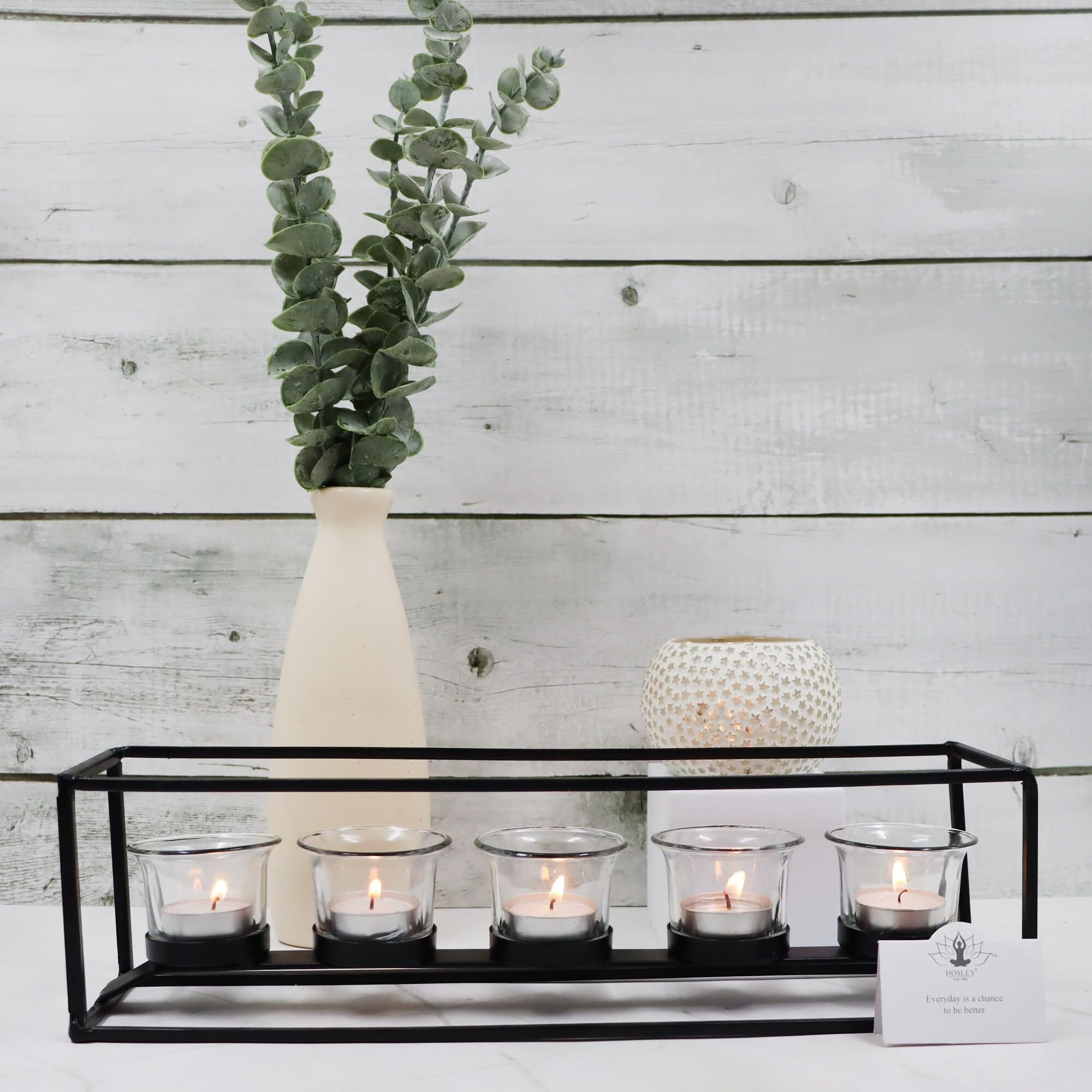 HOSLEY Clear Glass Tealight Candle Holders| Tealight Candle Holders with Glass Holders Perfect for Home Decor Birthday Wedding Parties Tabletop| 5- Cup Centrepiece with Pack of 5 Tealights