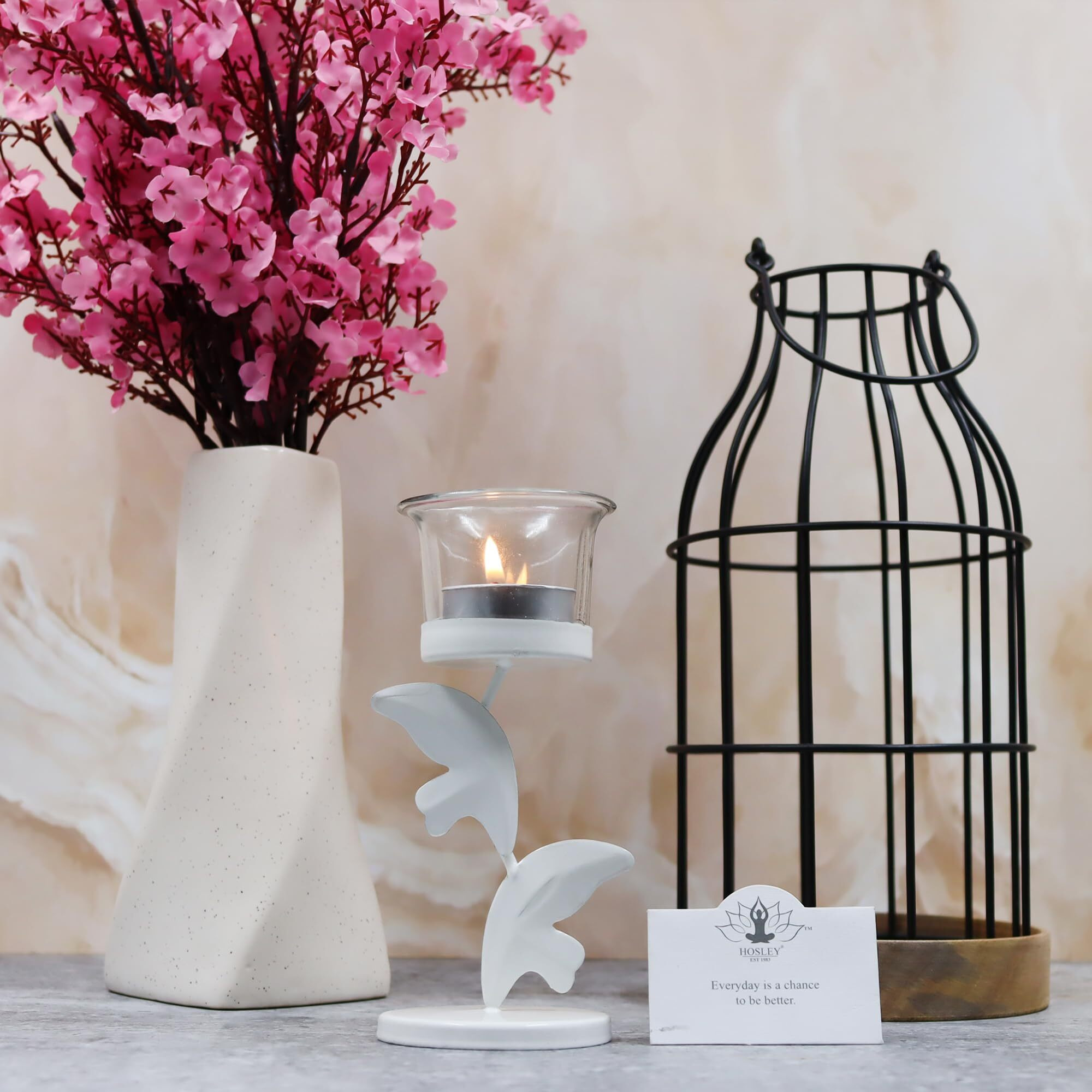 HOSLEY Clear Glass Tealight Candle Holders|White Tealight Candle Holders with Glass Holders Perfect for Home Decor Tabletop Centerpiece| Pack of 1 with Pack of 1 Tealights