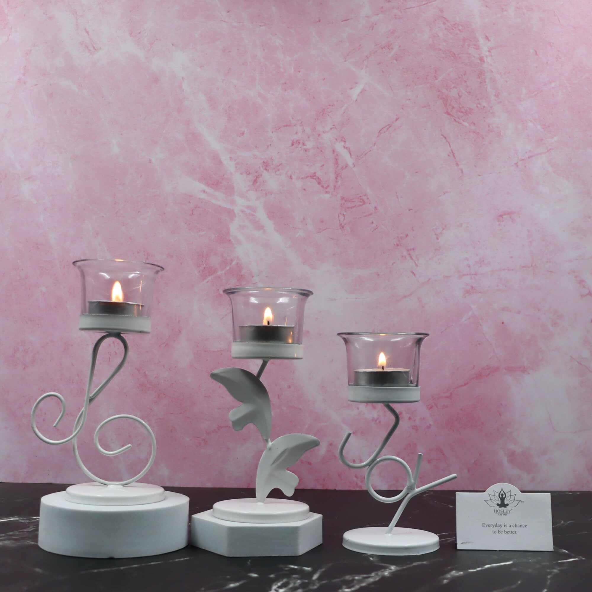 Hosley Clear Glass Tealight Candle Holders|White Tealight Candle Holders with Glass Holders Perfect for Home Decor, Birthday,Wedding,Parties,Tabletop,Centerpiece| Pack of 3, with Pack of 3 Tealights