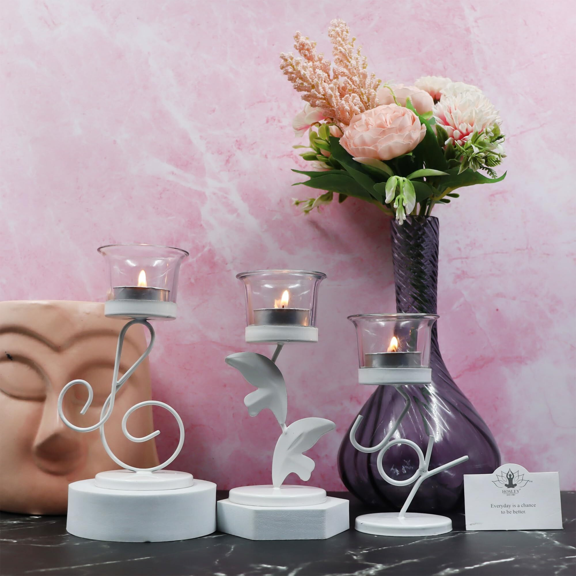 Hosley Clear Glass Tealight Candle Holders|White Tealight Candle Holders with Glass Holders Perfect for Home Decor, Birthday,Wedding,Parties,Tabletop,Centerpiece| Pack of 3, with Pack of 3 Tealights
