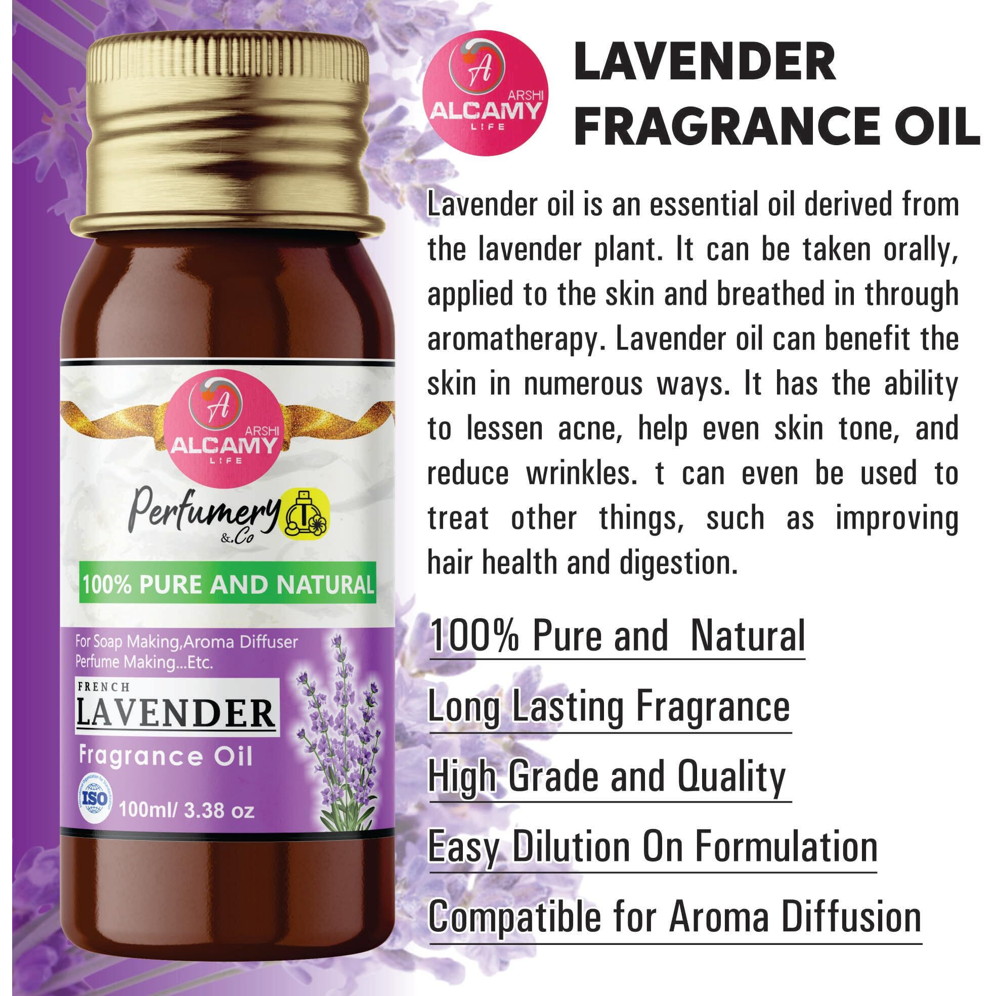 ARSHI A ALCAMY LIFE Pure & Natural Lavender Fragrance Oil 100Ml For Soap Making, Candle Making, Aroma Diffuser, Vaporizer...Etc (French Lavender)