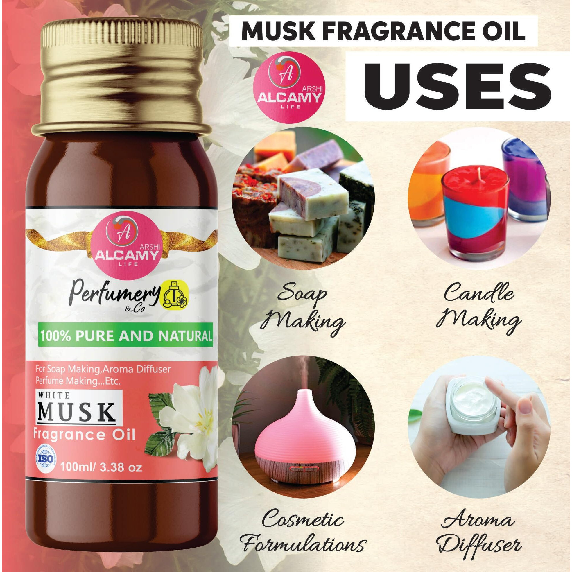 AAAL Pure & Natural White Musk Fragrance Oil (100ML) for Soap Making, Candle Making, Aroma Diffuser, Vaporizer...etc (WHITE MUSK)
