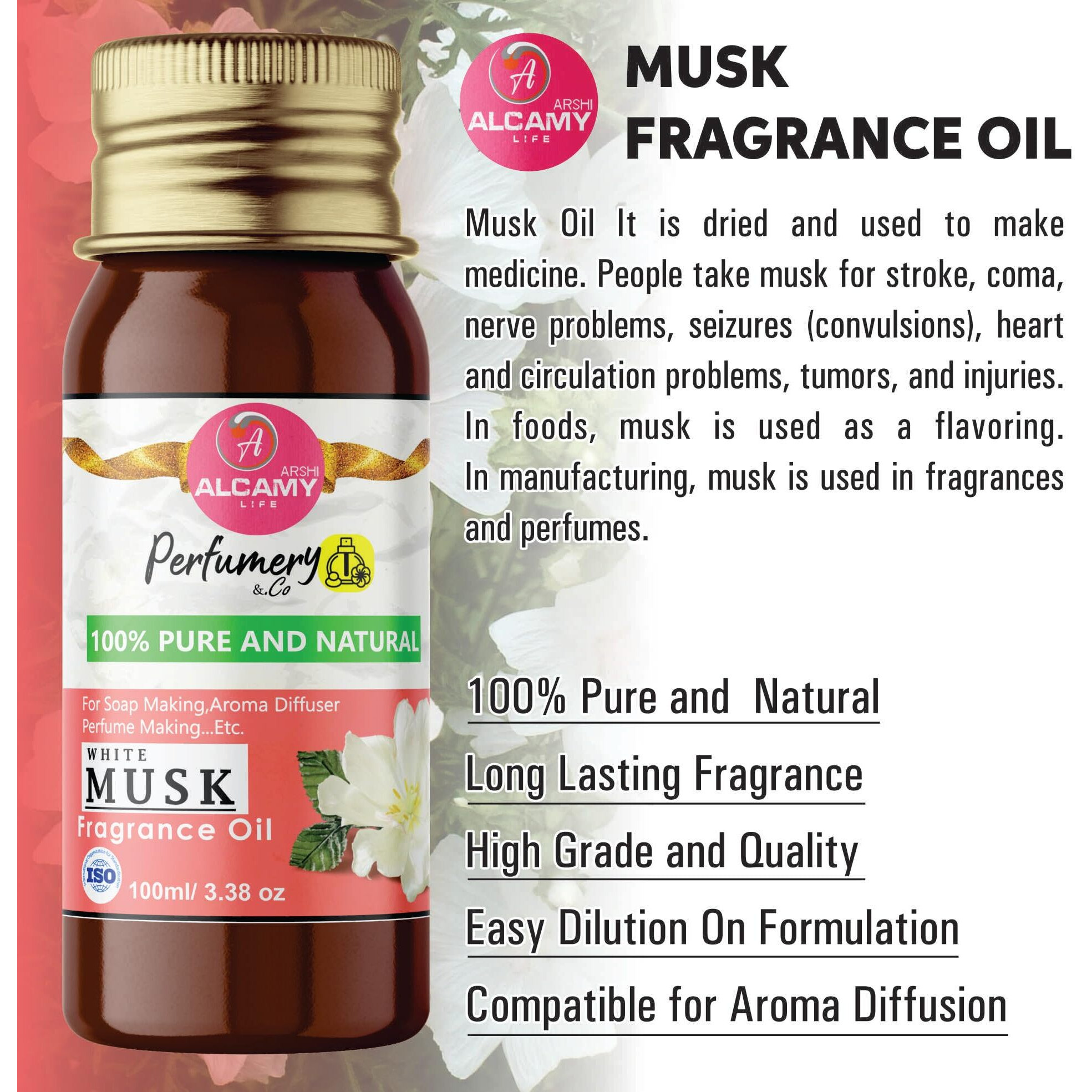 AAAL Pure & Natural White Musk Fragrance Oil (100ML) for Soap Making, Candle Making, Aroma Diffuser, Vaporizer...etc (WHITE MUSK)