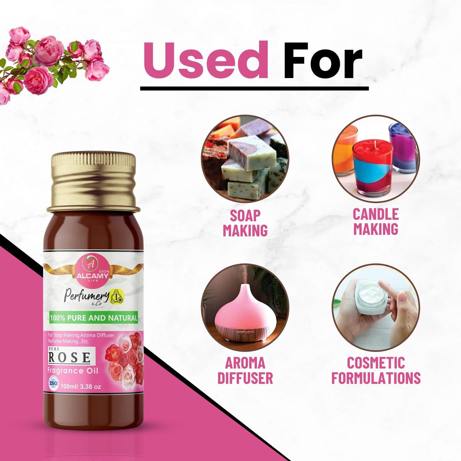 ARSHI A ALCAMY LIFE Pure & Natural Rose Fragrance Oil For Soap Making, Candle Making, Aroma Diffuser, Vaporizer...Etc (Pure Rose)