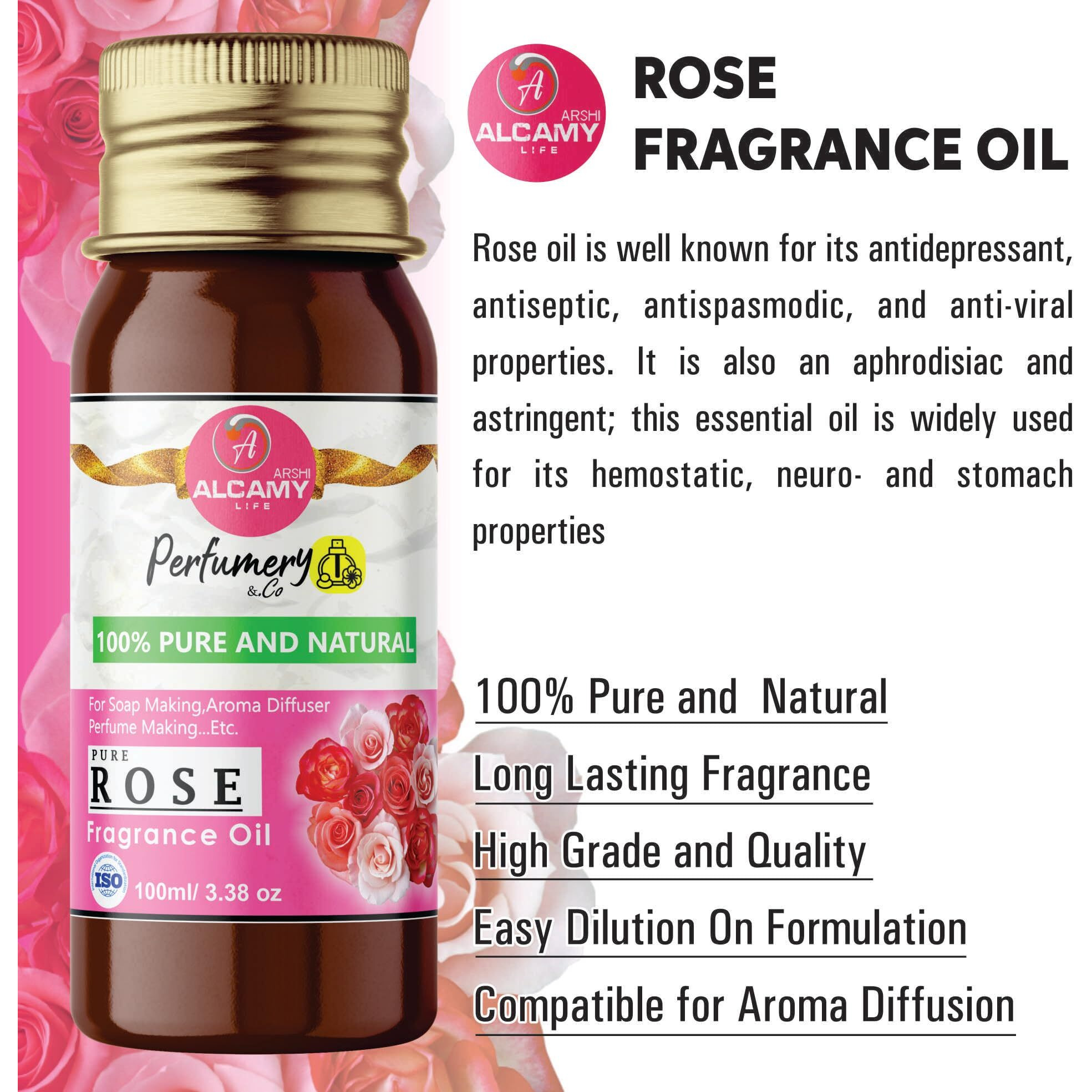 ARSHI A ALCAMY LIFE Pure & Natural Rose Fragrance Oil For Soap Making, Candle Making, Aroma Diffuser, Vaporizer...Etc (Pure Rose)