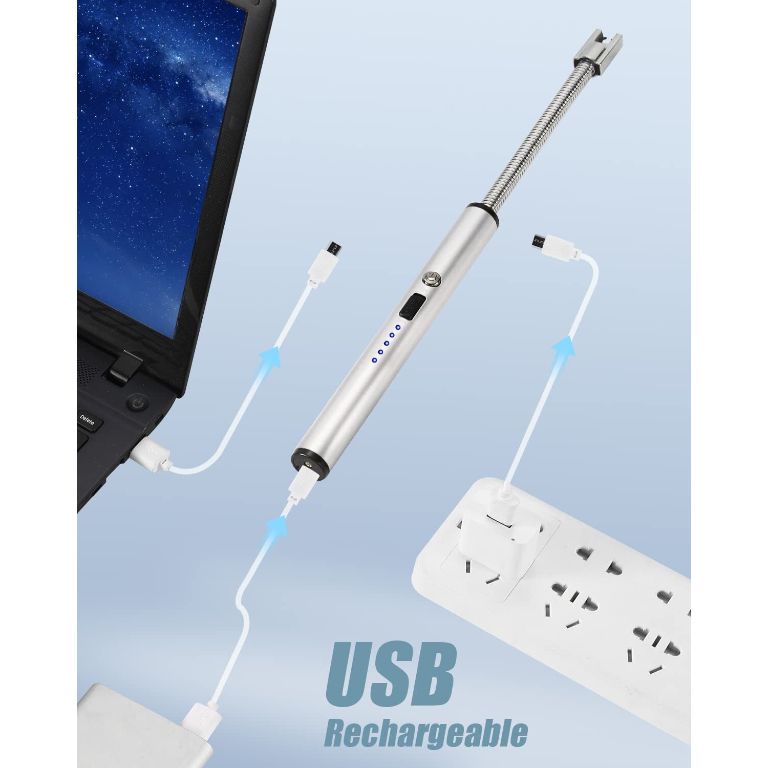 NESAPTO Zinc Rechargeable Lighter, Electric Usb Lighters For Candle With Flexible Goose Neck, Safety Switch Led Battery Indicator, Long Arc Candle Lighters For Grill Camping