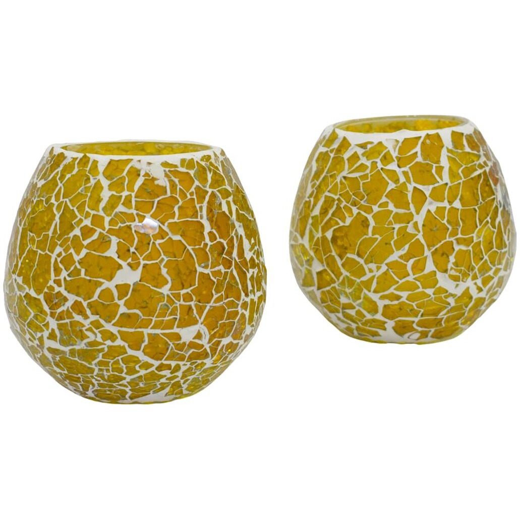 WIGANO Glass Decorative Tealight Candle Holder, Pack of 2 (Yellow)