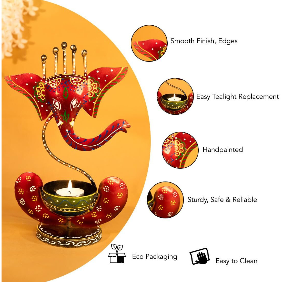 Ekhasa Handpainted Ganesha Metal Tealight Candle Holder for Home Decor | Perfect Candle Stand for Diwali Decoration and Table Decor | Festival & Parties Decorative Candles Gift Items