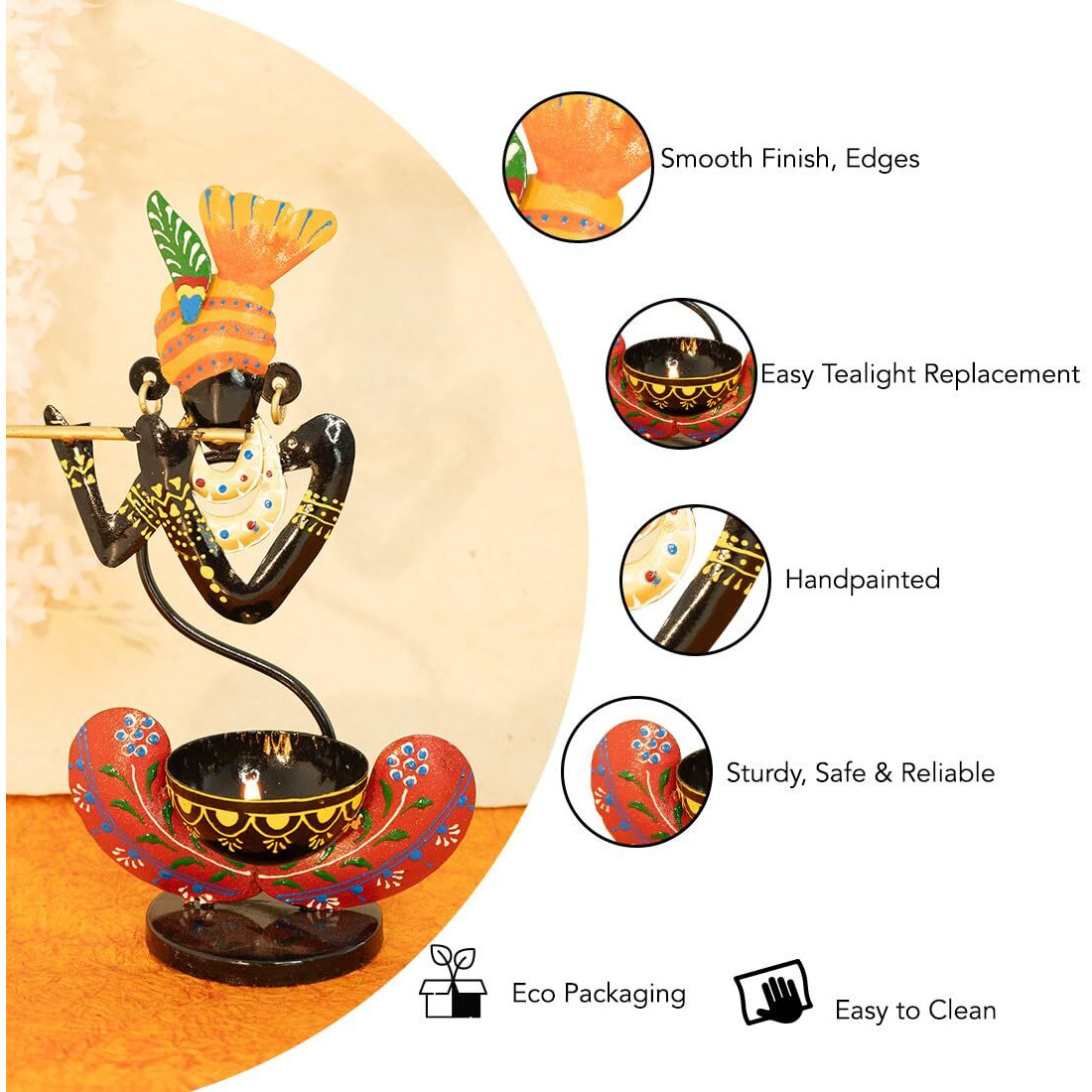 Ekhasa Handpainted Krishna Metal Tealight Candle Holder for Home Decor | Perfect Candle Stand for Diwali Decoration and Table Decor | Festival & Parties Decorative Candles Gift Items