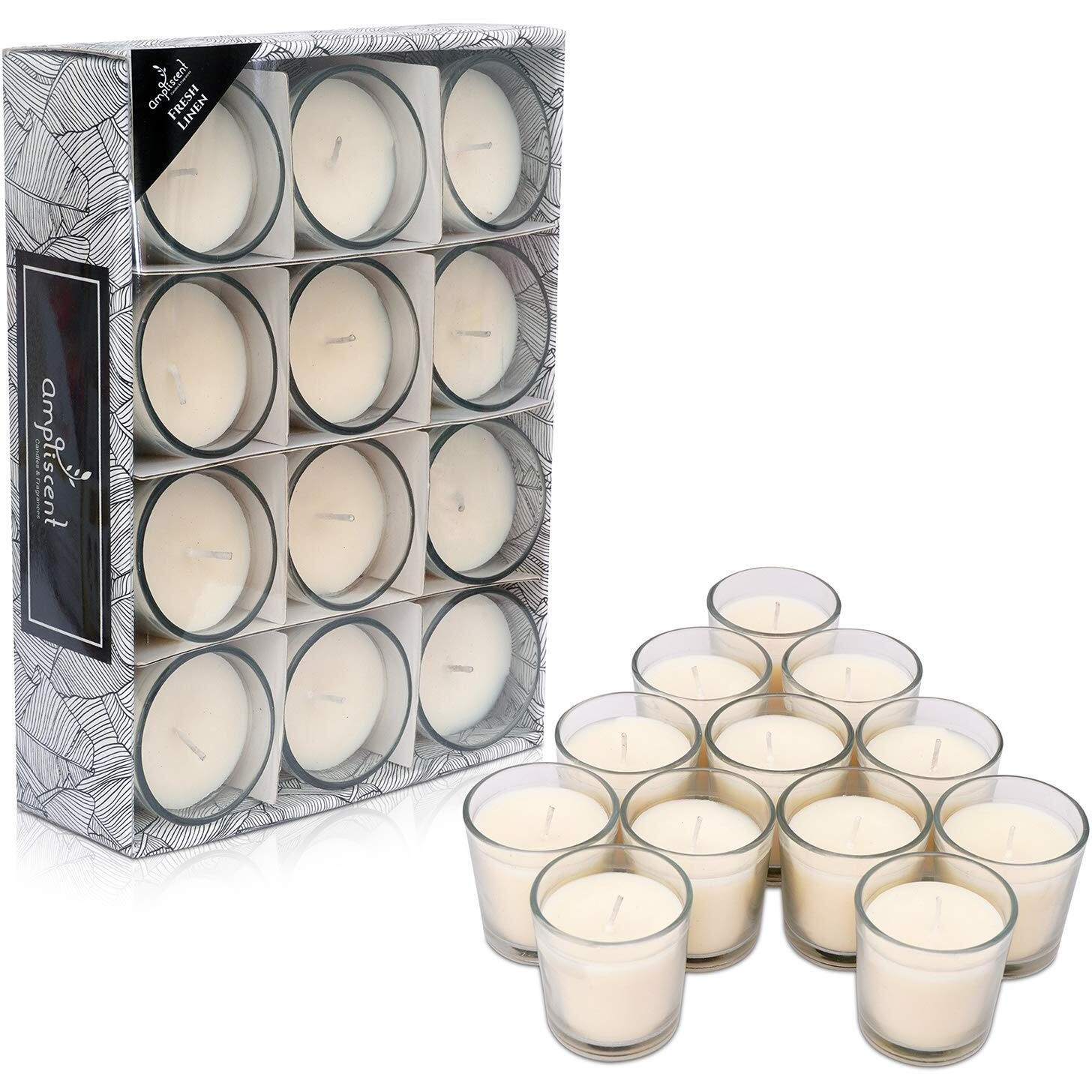 Ampliscent White Scented Glass Votive Candle - Set of 12 | Bulk Pack for Weddings, Bridal Showers or Home Parties and Centerpieces (Fresh Linen)