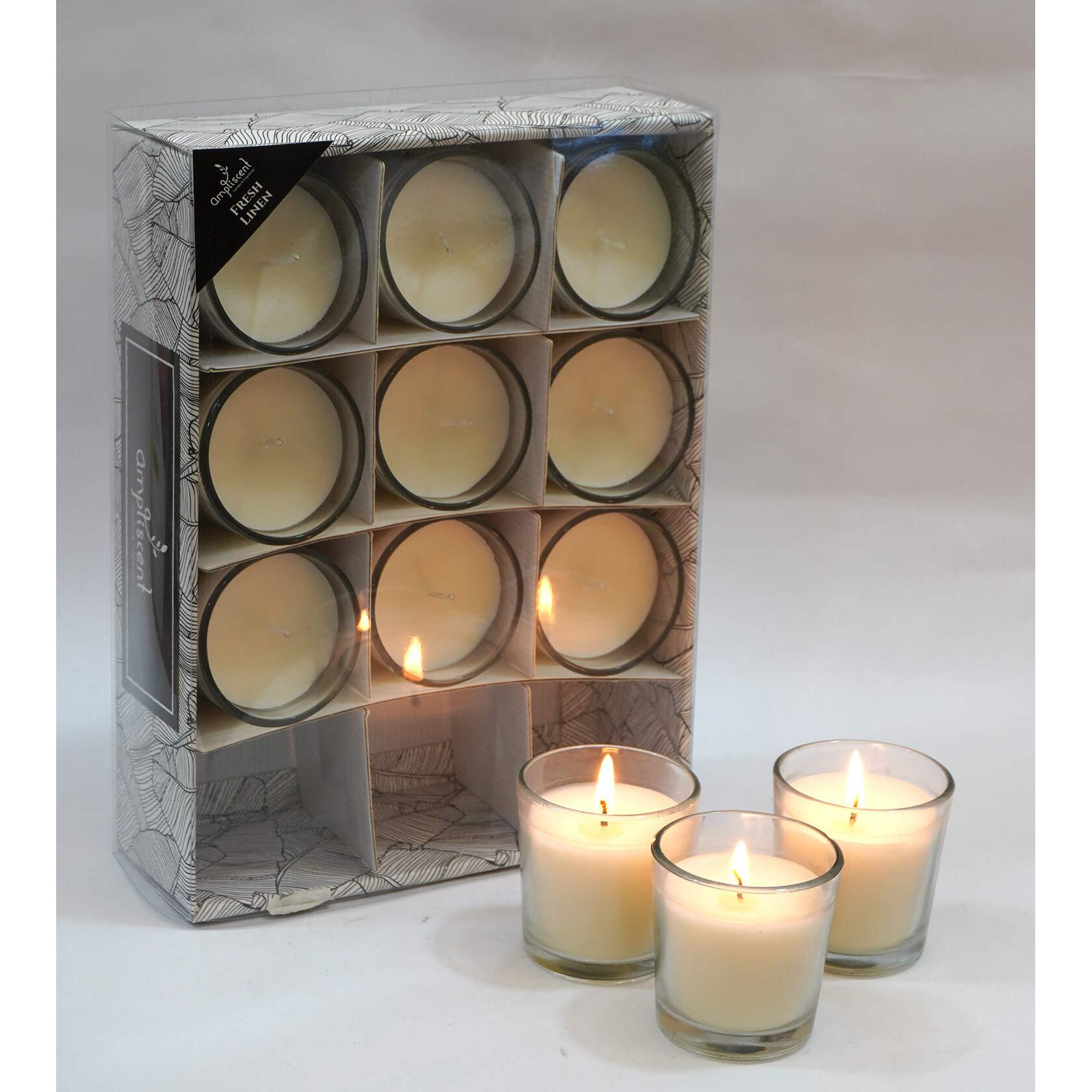 Ampliscent White Scented Glass Votive Candle - Set of 12 | Bulk Pack for Weddings, Bridal Showers or Home Parties and Centerpieces (Fresh Linen)
