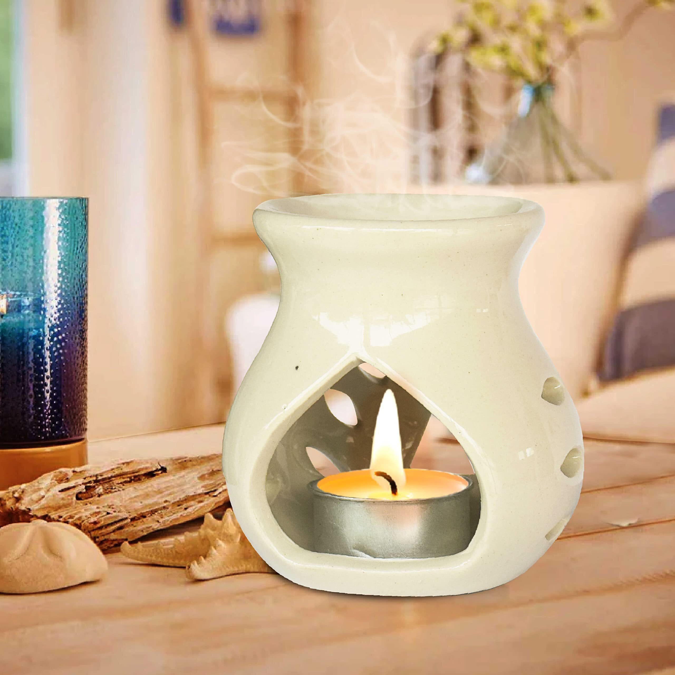 Pure Source India Ceramic Clay Candle Operated Aroma Burner|Oil Diffuser Coming with 1 Tea Candle (Ivory White 9 Cm)